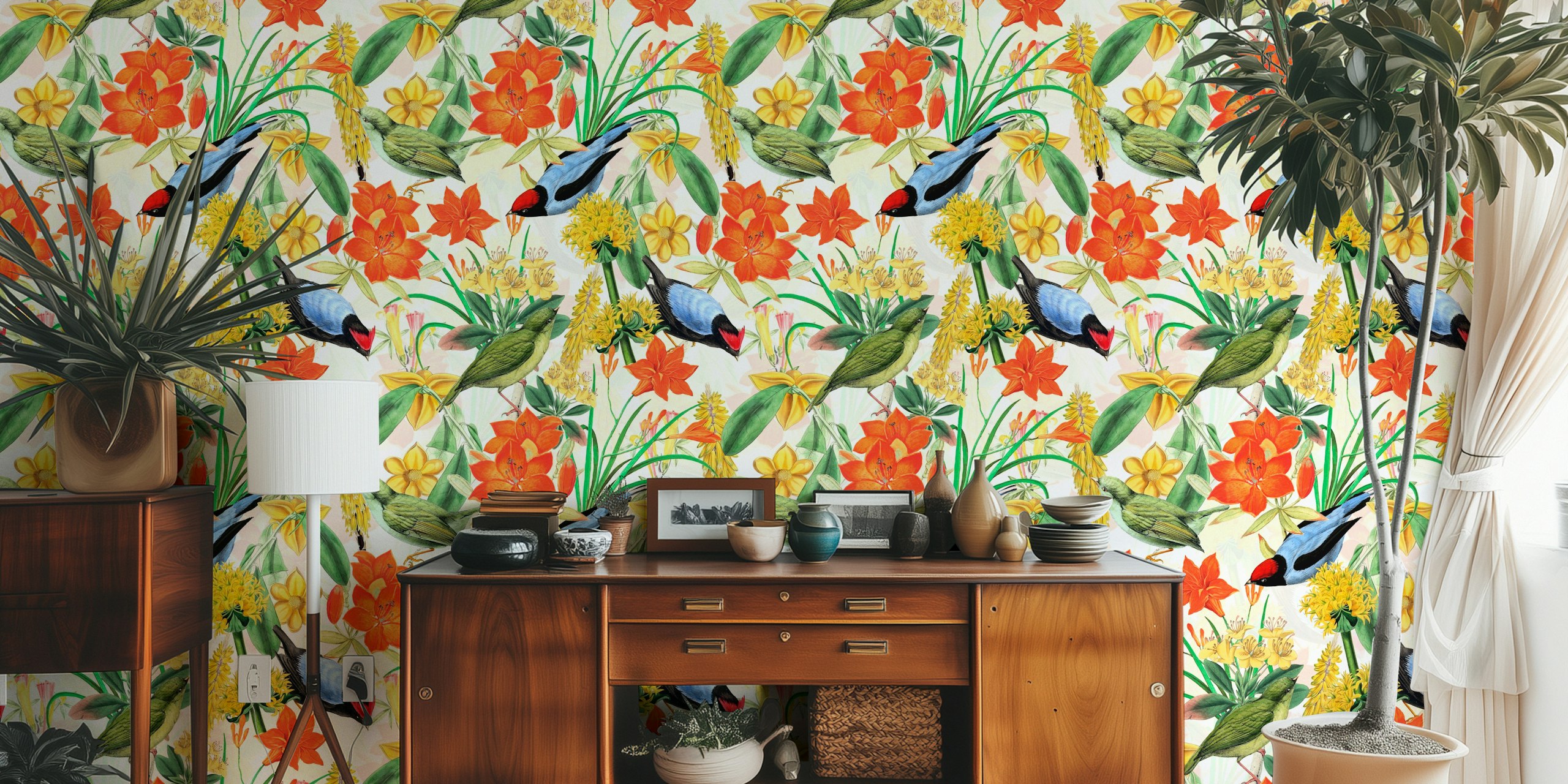 Colorful jungle flower and birds tapeta