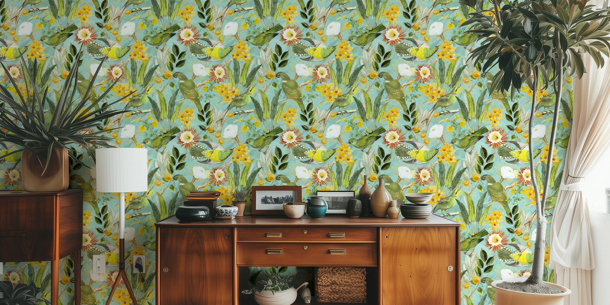 Tropical birds and flowers in green, yellow, and blue wallpaper