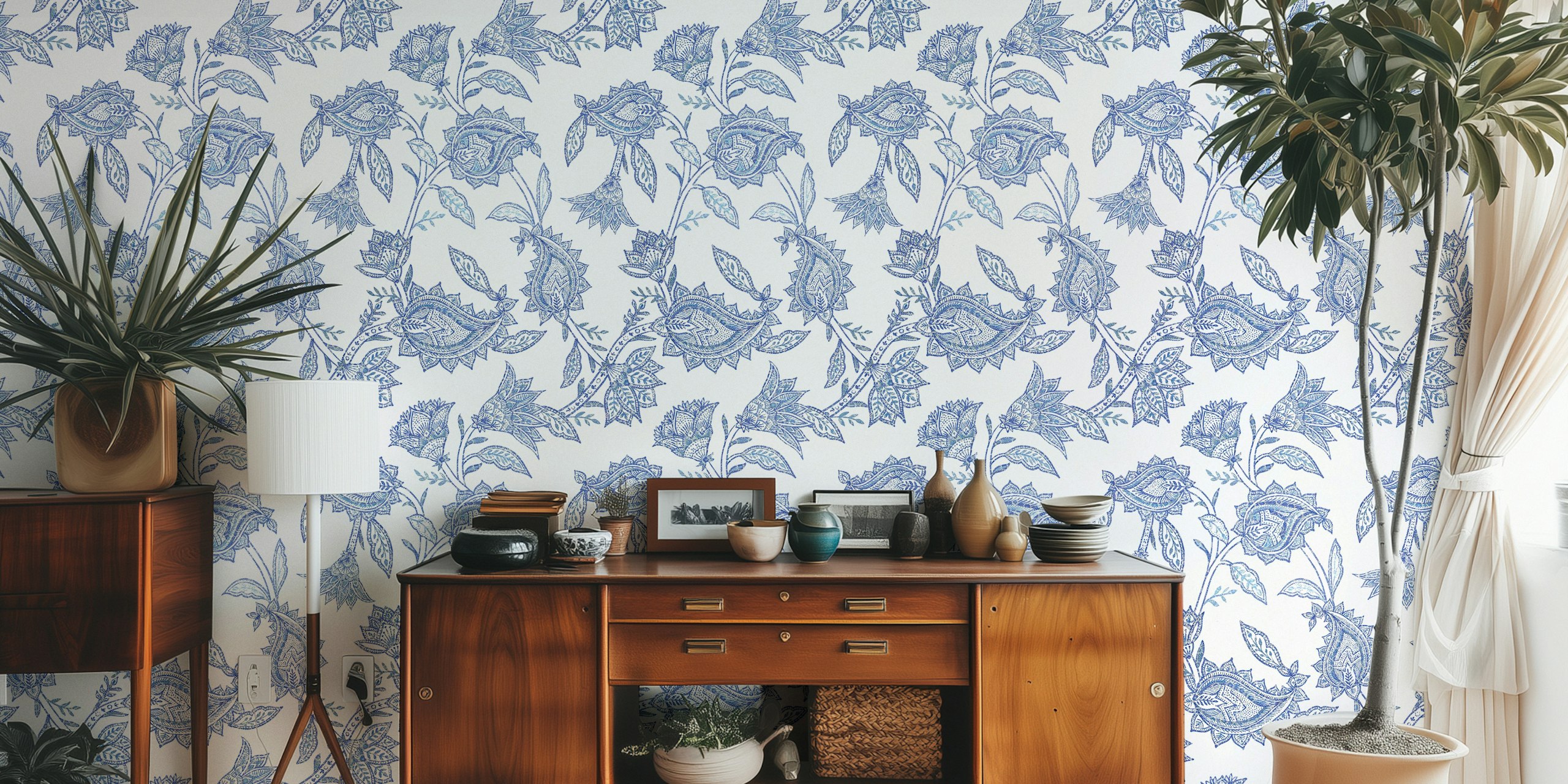 Χαρτί τοίχου Chinoiseries Blue Floral Paisley σε ένα δωμάτιο