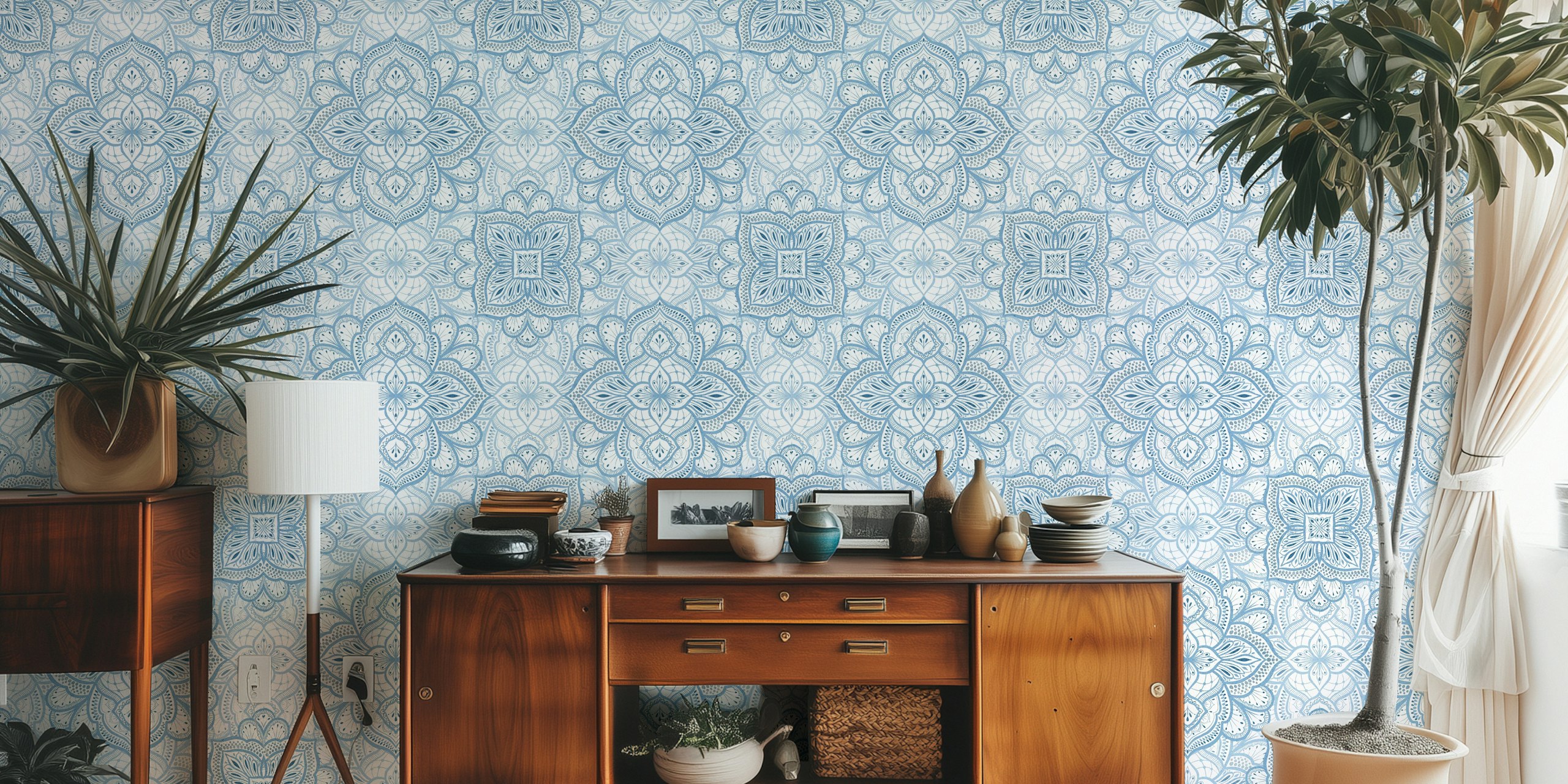 Papier peint Boho Marrakesh mandala tile bleu