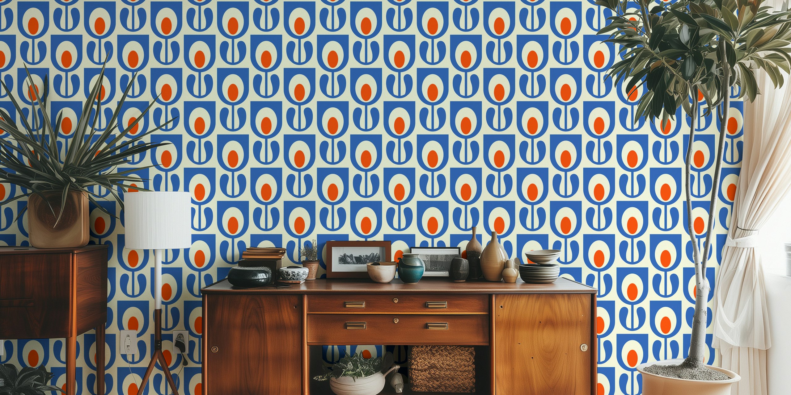 Stylized tulip pattern in blue and orange on a cream background wallpaper
