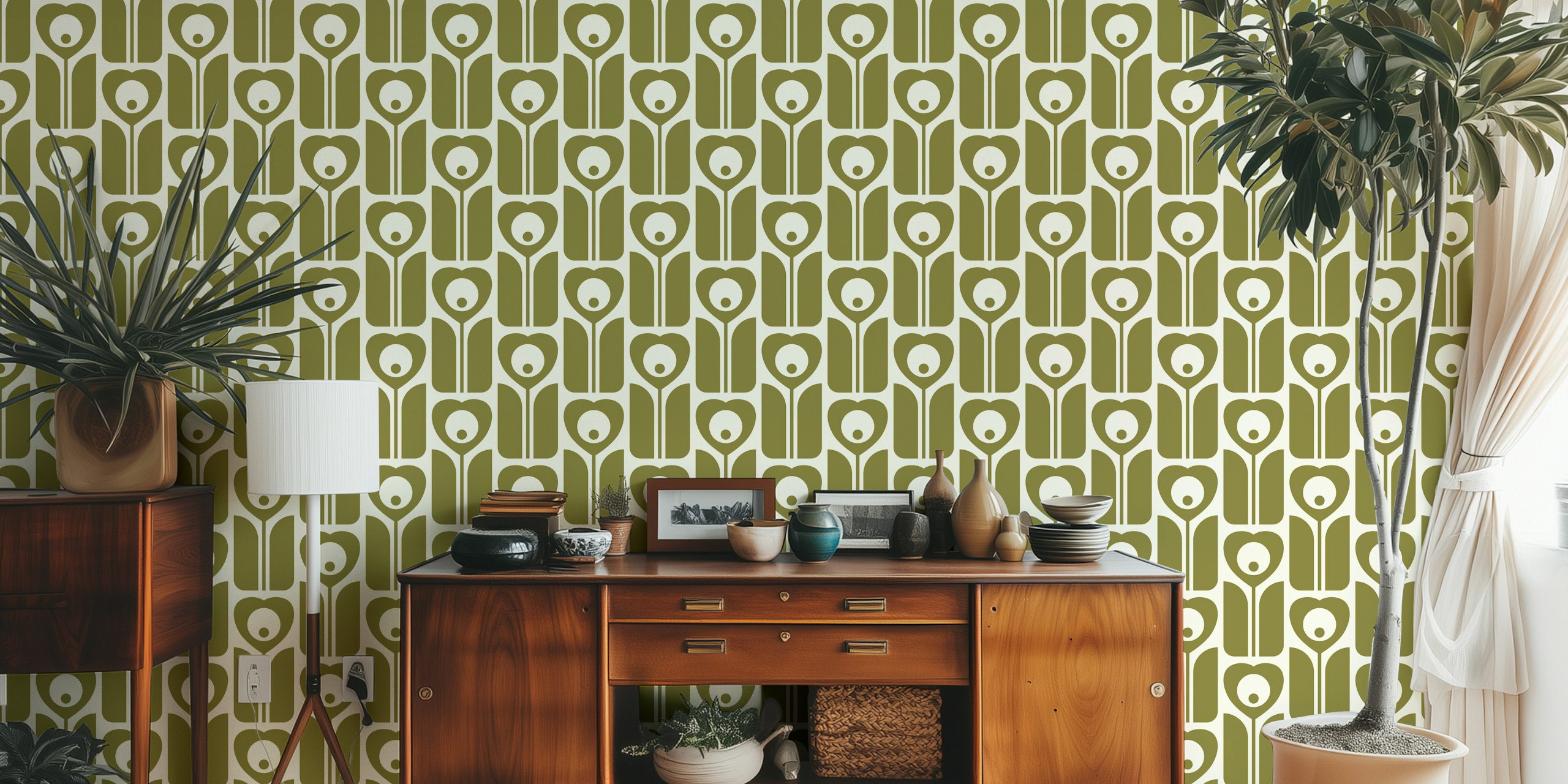 Heart flowers wallpaper in room setting.
