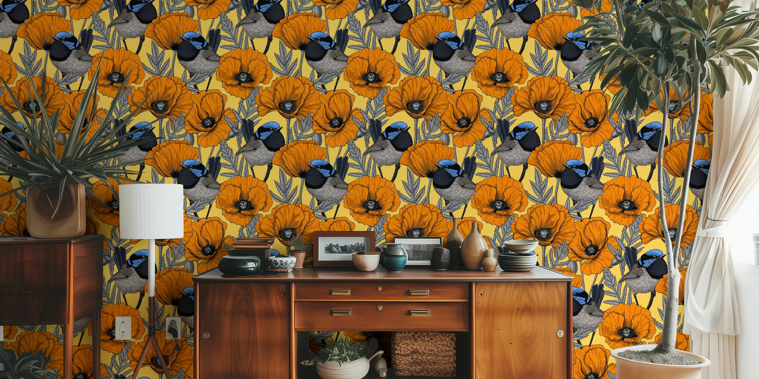Orange poppies and fairy wrens on pastel yellow wallpaper