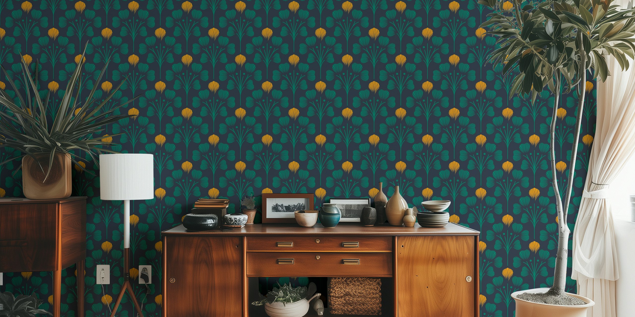 Dark navy teal and yellow floral pattern wall mural