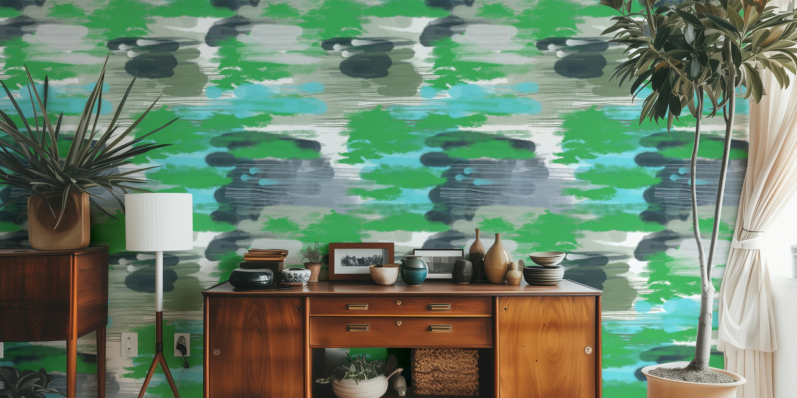 Abstract green, blue, and grey wallpaper with soft brush strokes