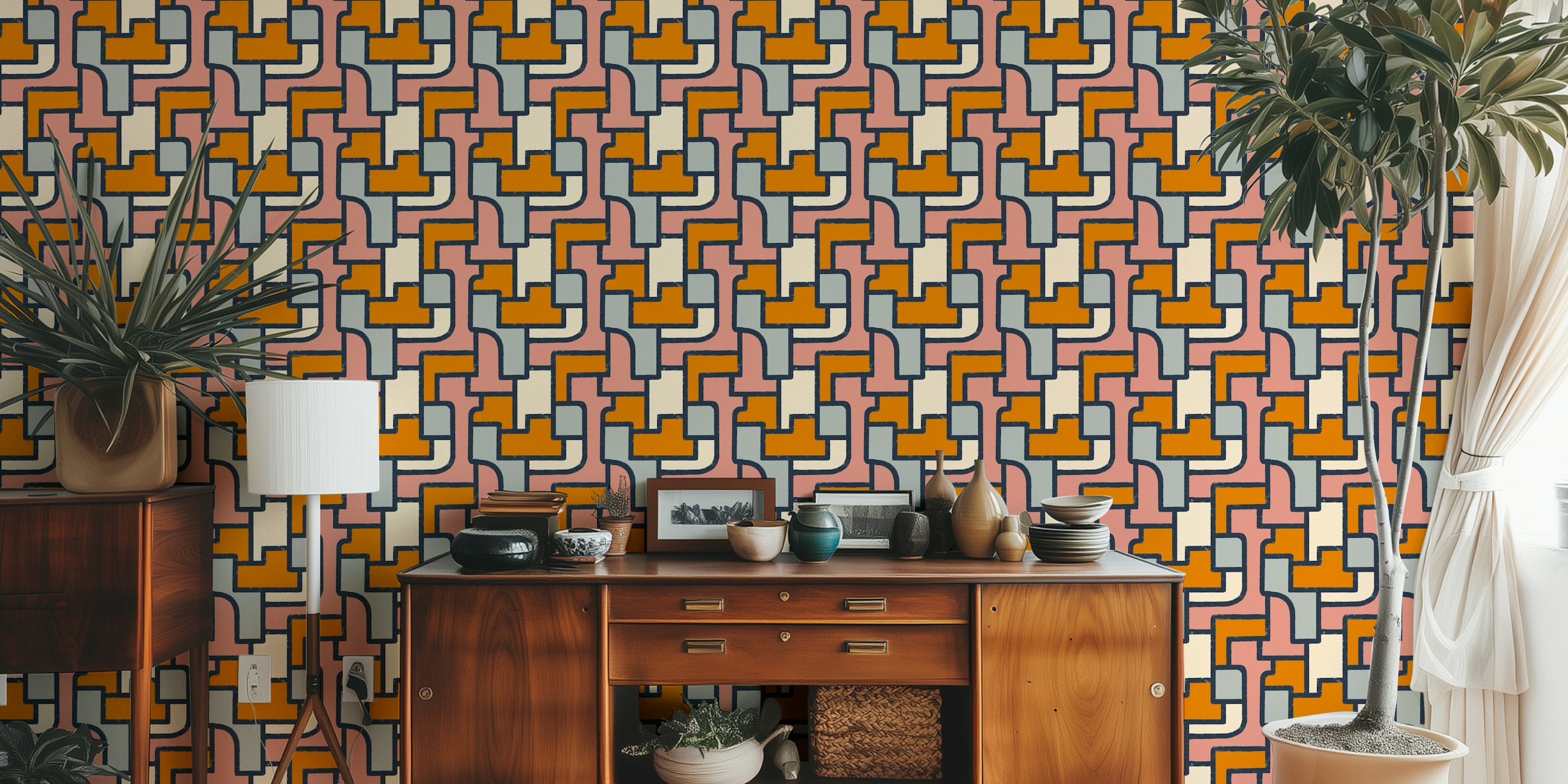 Mural de parede de formas abstratas coloridas com formas e linhas entrelaçadas em laranja, rosa, creme e cinza