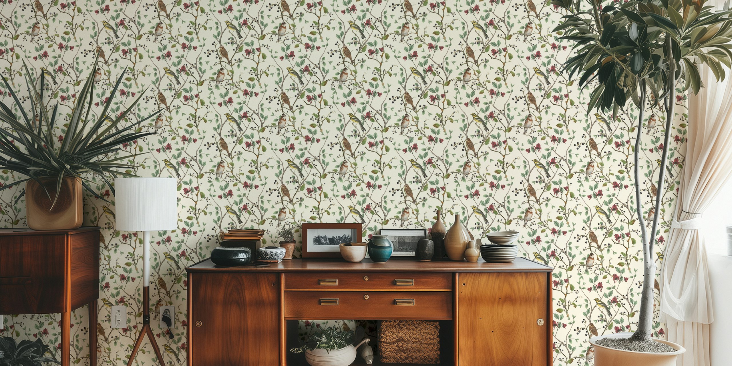Nordic Chinoiserie wall mural with birds and foliage
