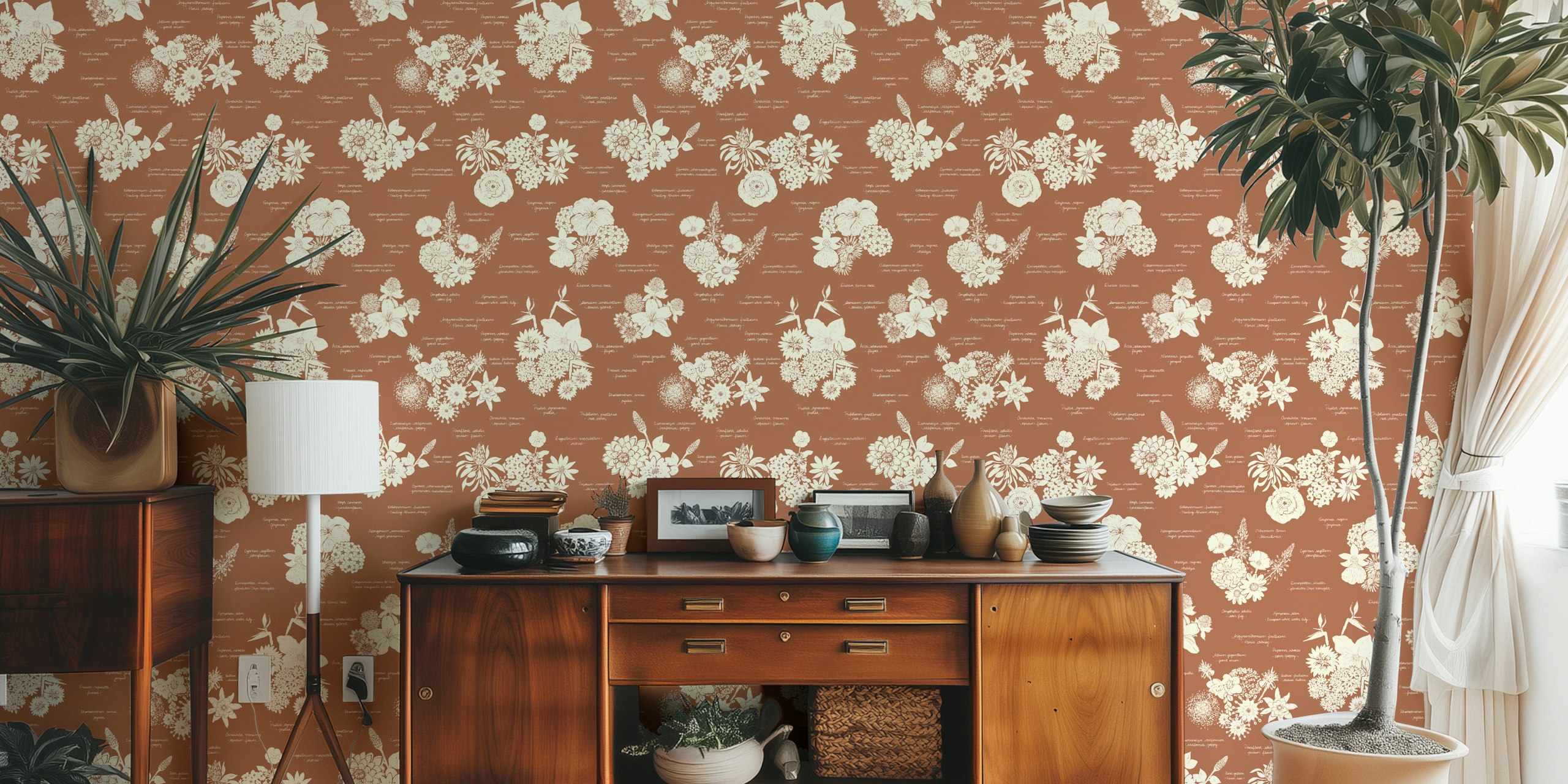 Botaniska vita blommiga illustrationer på en terrakotta fondtapet