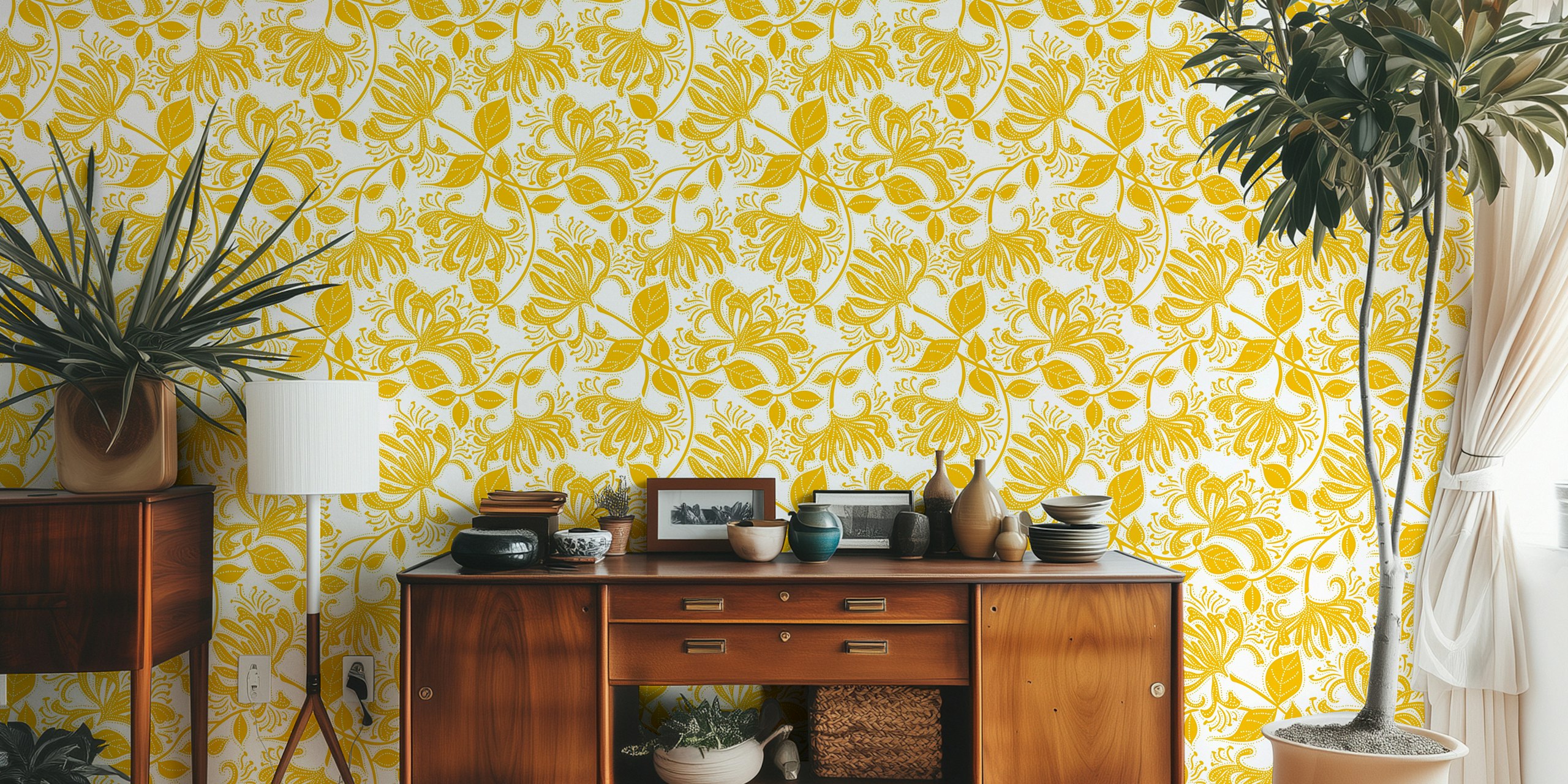 Honeysuckle stencil flowers wall mural in bumblebee yellow