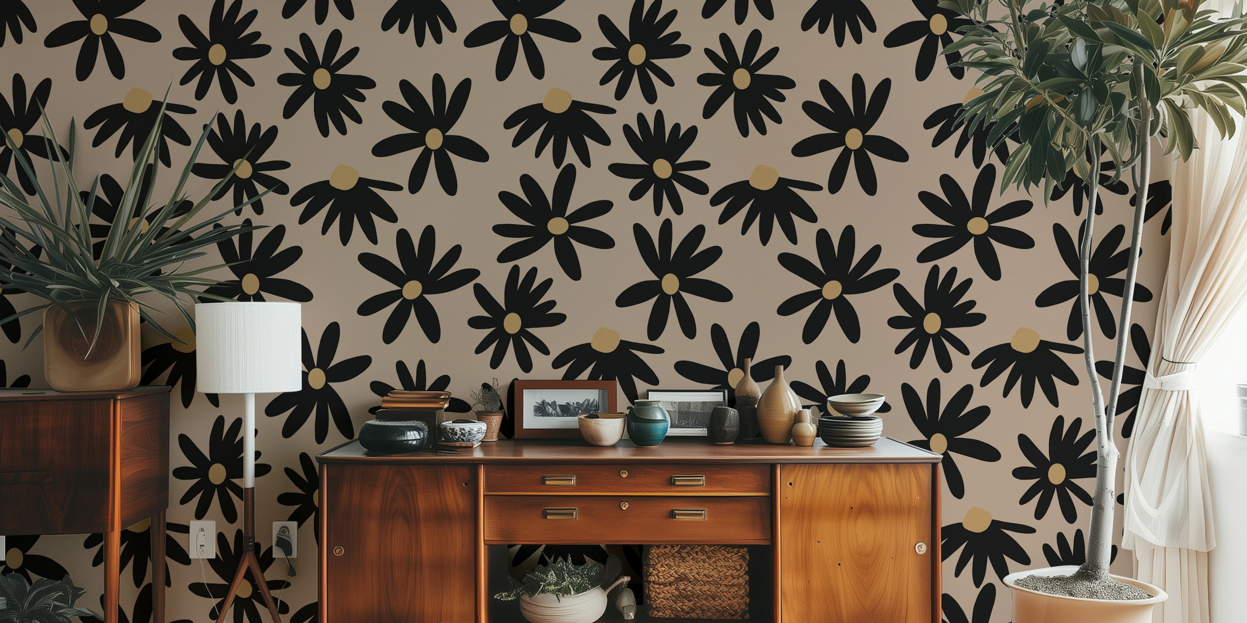 Retro Summer Night Daisies Pattern 2 tapet i ett rum