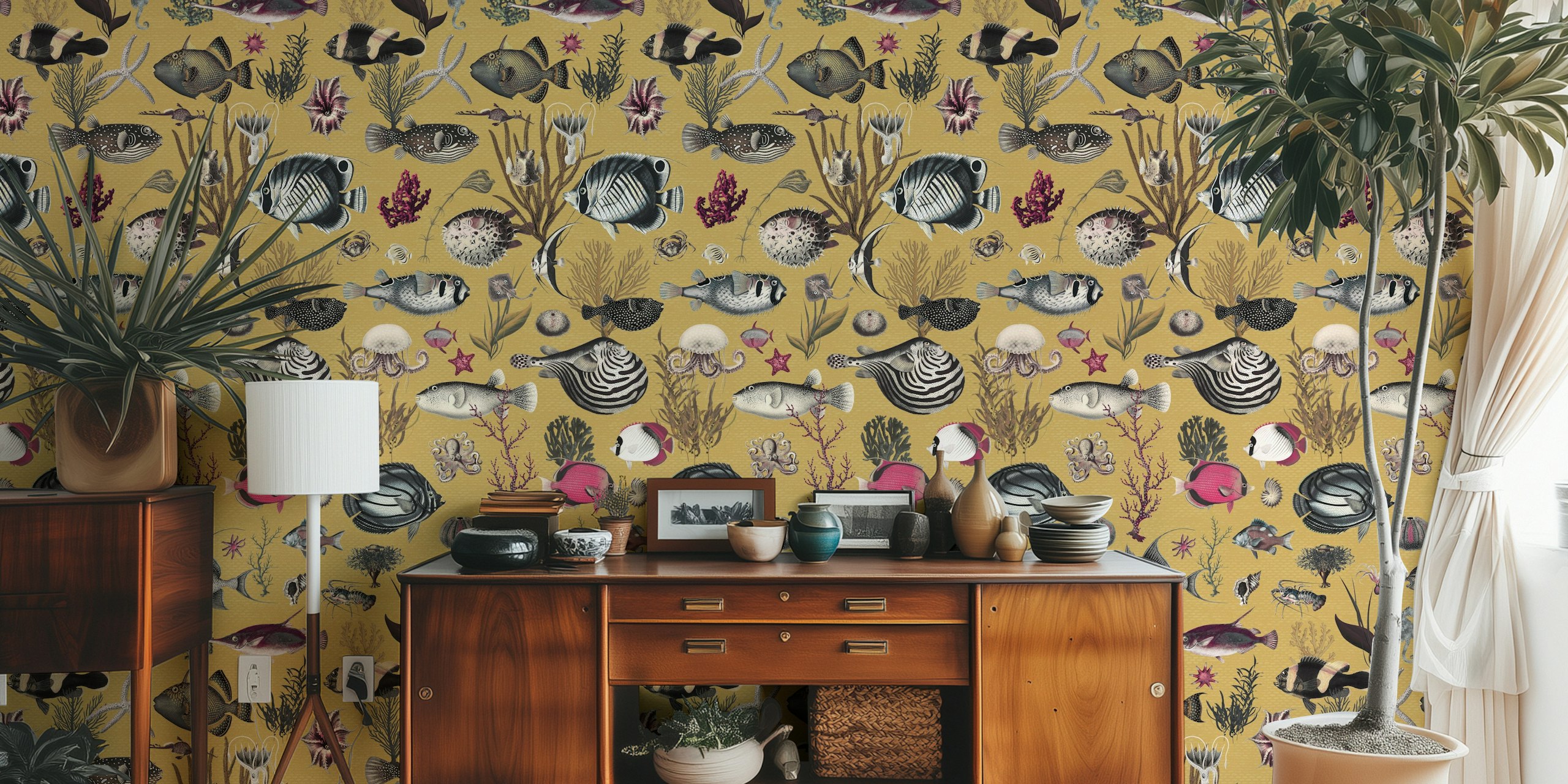 Oceania pattern wallpaper in a room