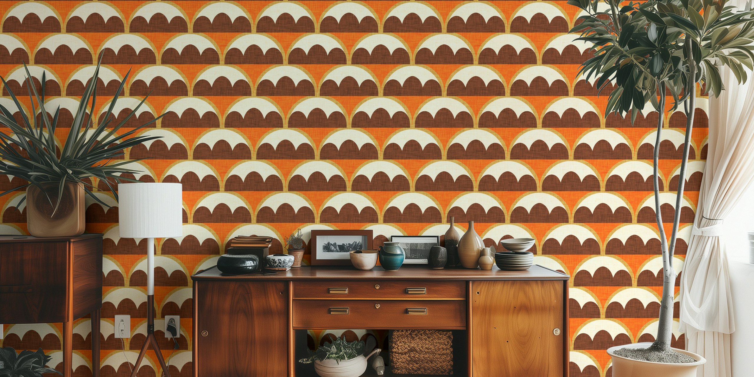 Geometric orange and brown pattern wallpaper, mid century style