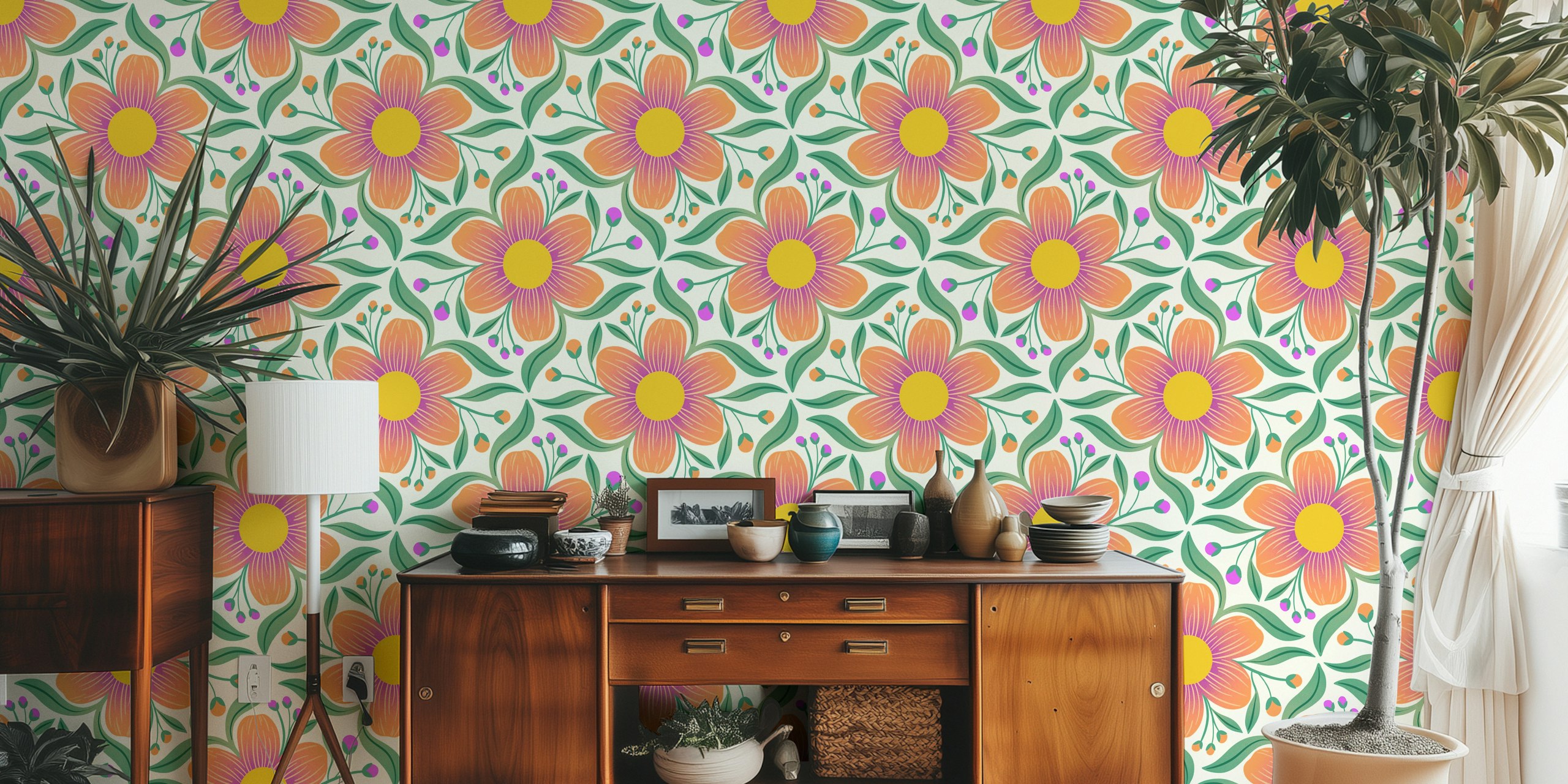 Retro-style floral pattern wall mural with oversized flowers on a light green background.