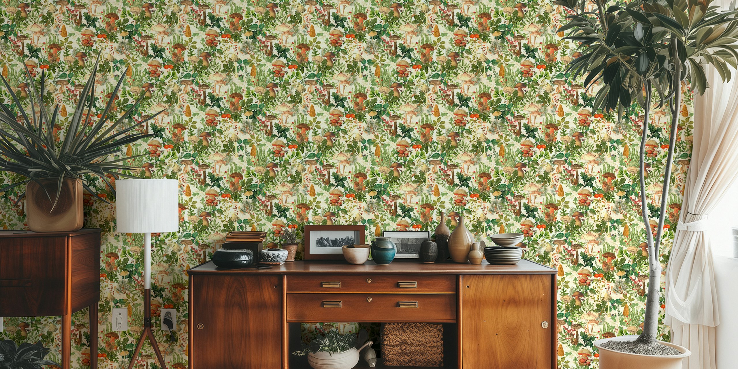 Enchanting forest wall mural with autumnal leaves and mushrooms