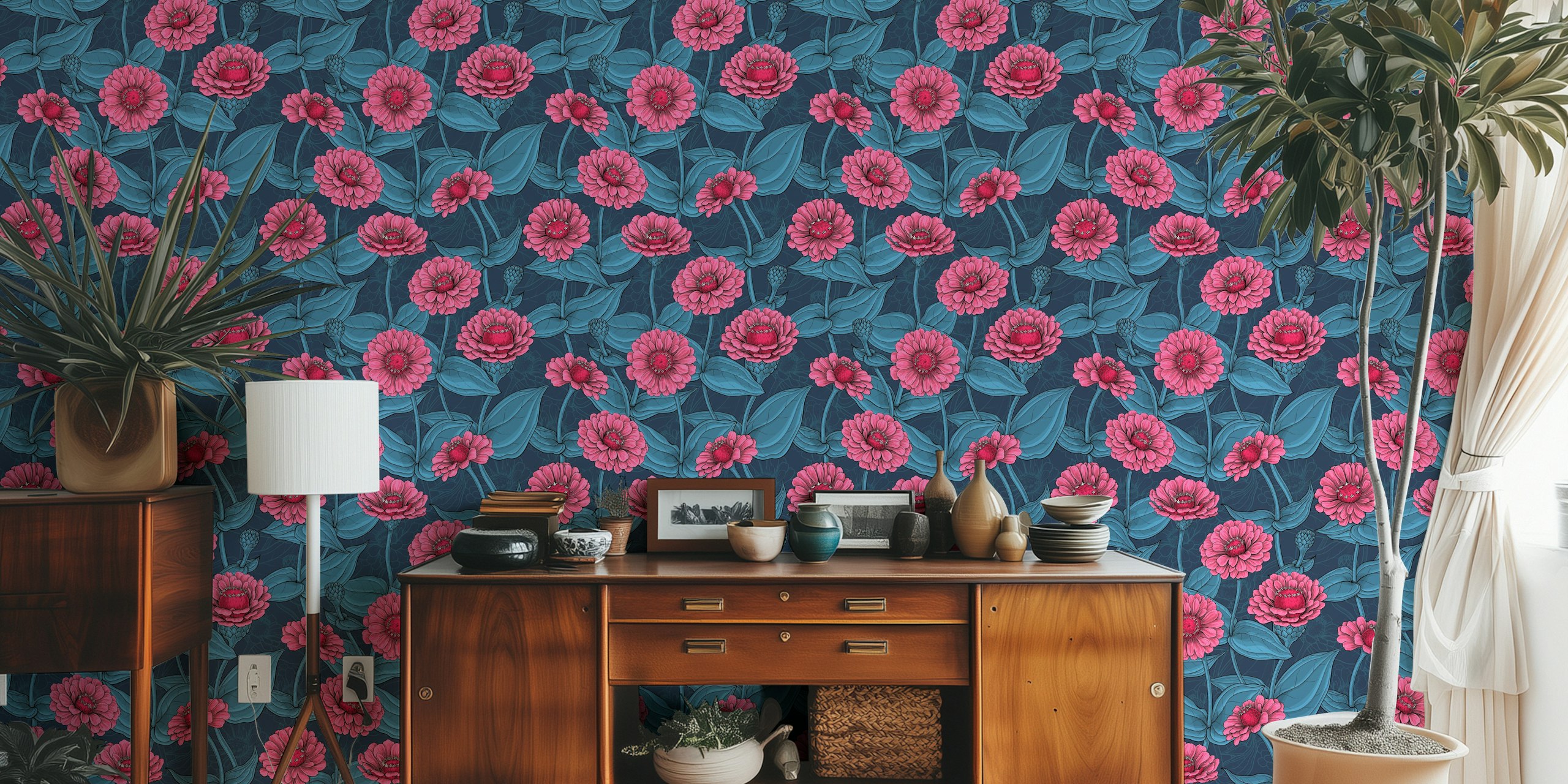 Pink zinnias wallpaper design in a room