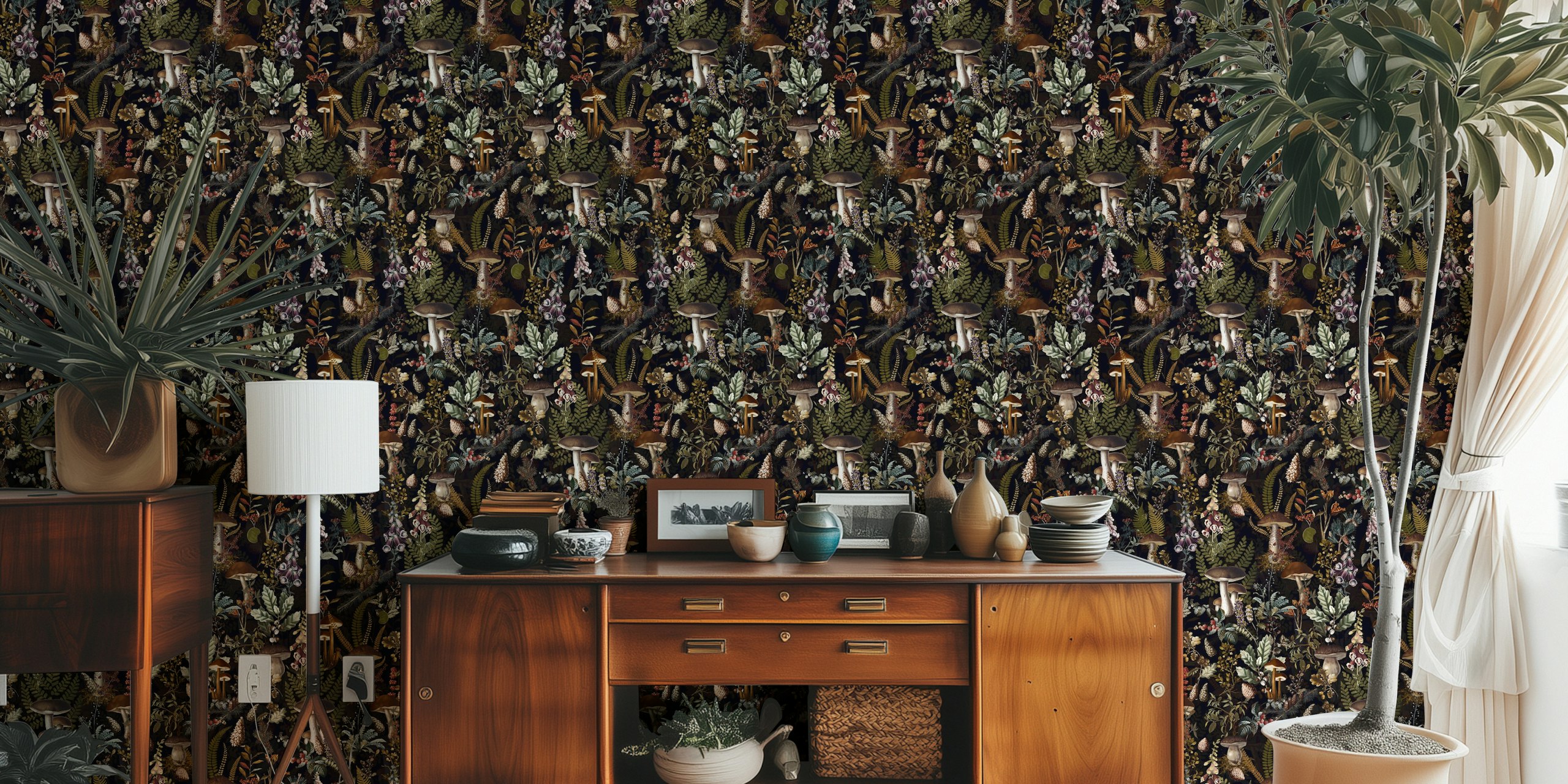 Mélange de champignons et de plantes aux couleurs sombre et chaleureuse, papier peint