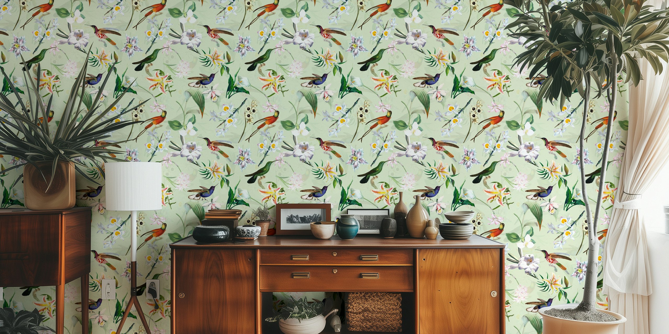 Tropical hummingbirds and flowers in pastel colors wallpaper