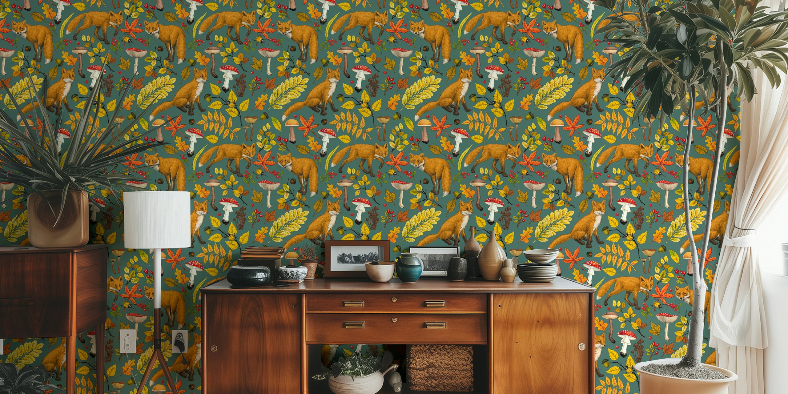 Cálido mural de pared con temática otoñal que presenta zorros, hojas, bellotas y setas sobre un fondo verde pino