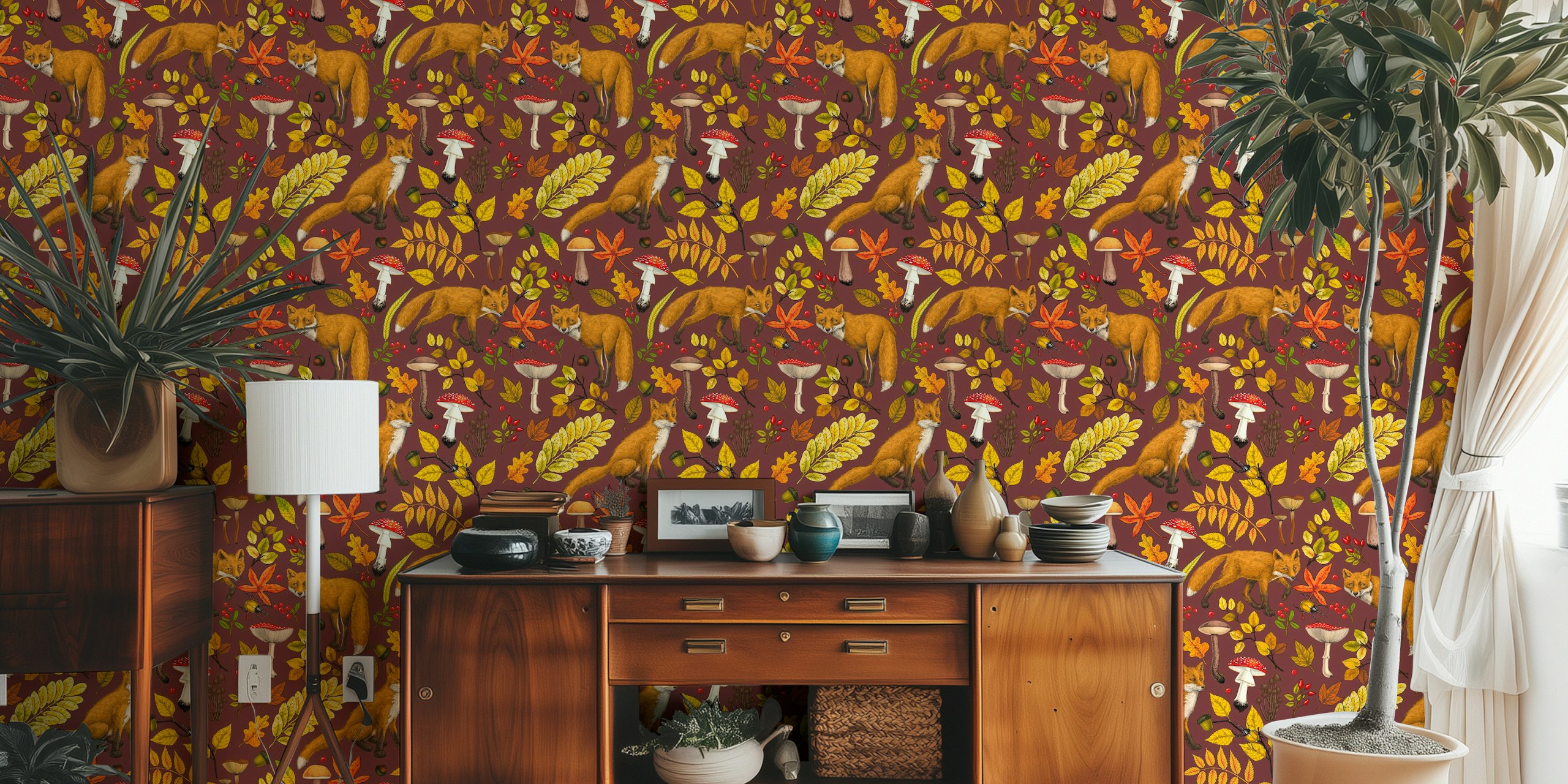 Foxes, mushrooms, and autumn leaves on chocolate brown wallpaper