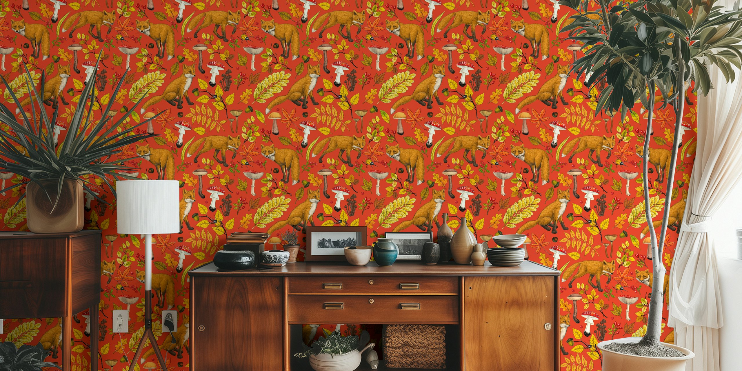 Autumn foxes with höstlöv tapet