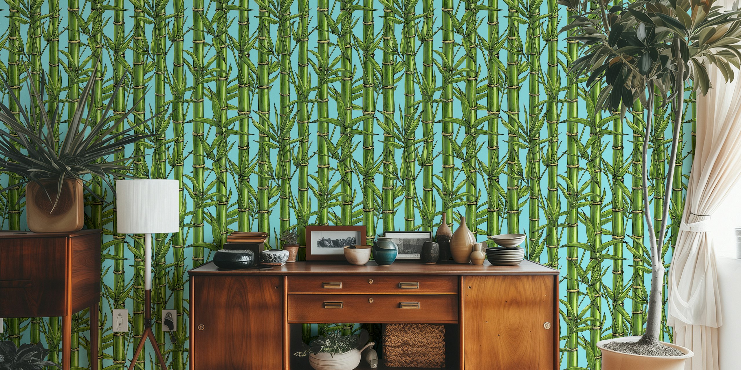 Bamboo forest patterns in green on light blue wallpaper