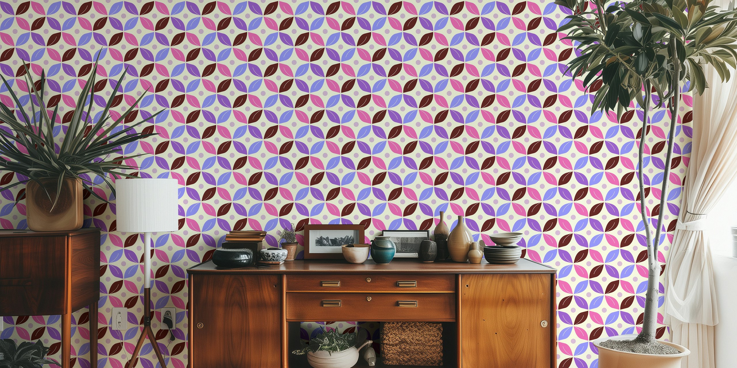 Colorful retro floral pattern with pink, purple, and fuchsia shapes wallpaper