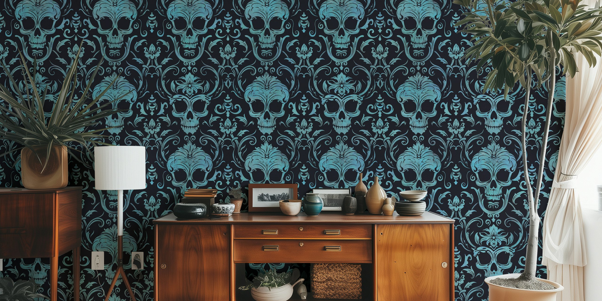 Mörk gotisk elegans skalle damastmönster kricka Svart väggmålning