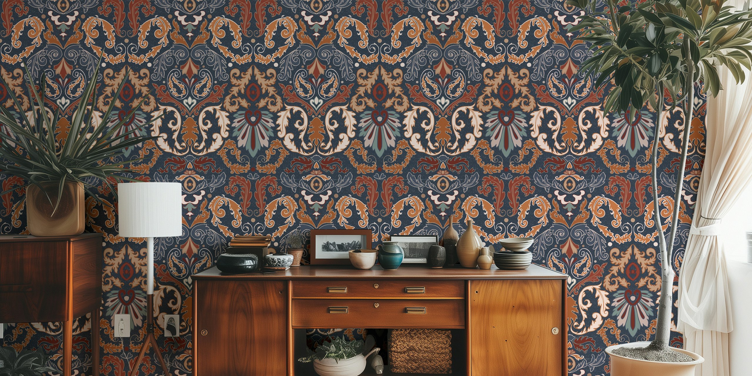 Motifs damassés acanthes et paisley bleu, orange et rouge papier peint