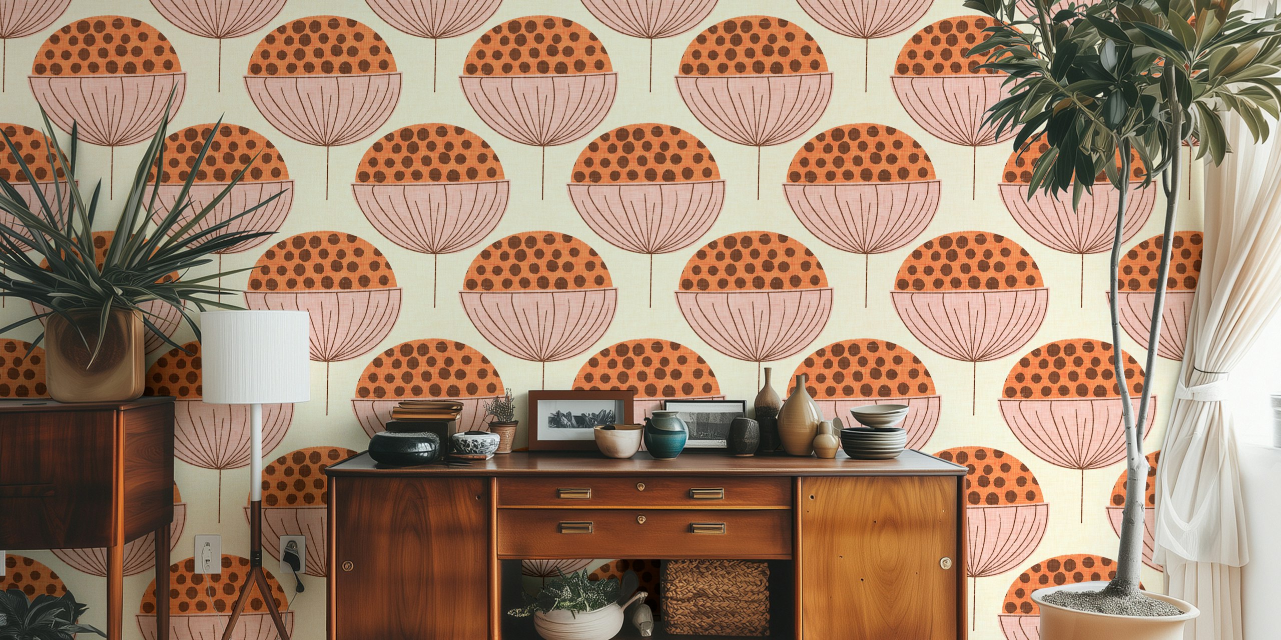 Mid Mod Buds Pearl wallpaper displayed in a room
