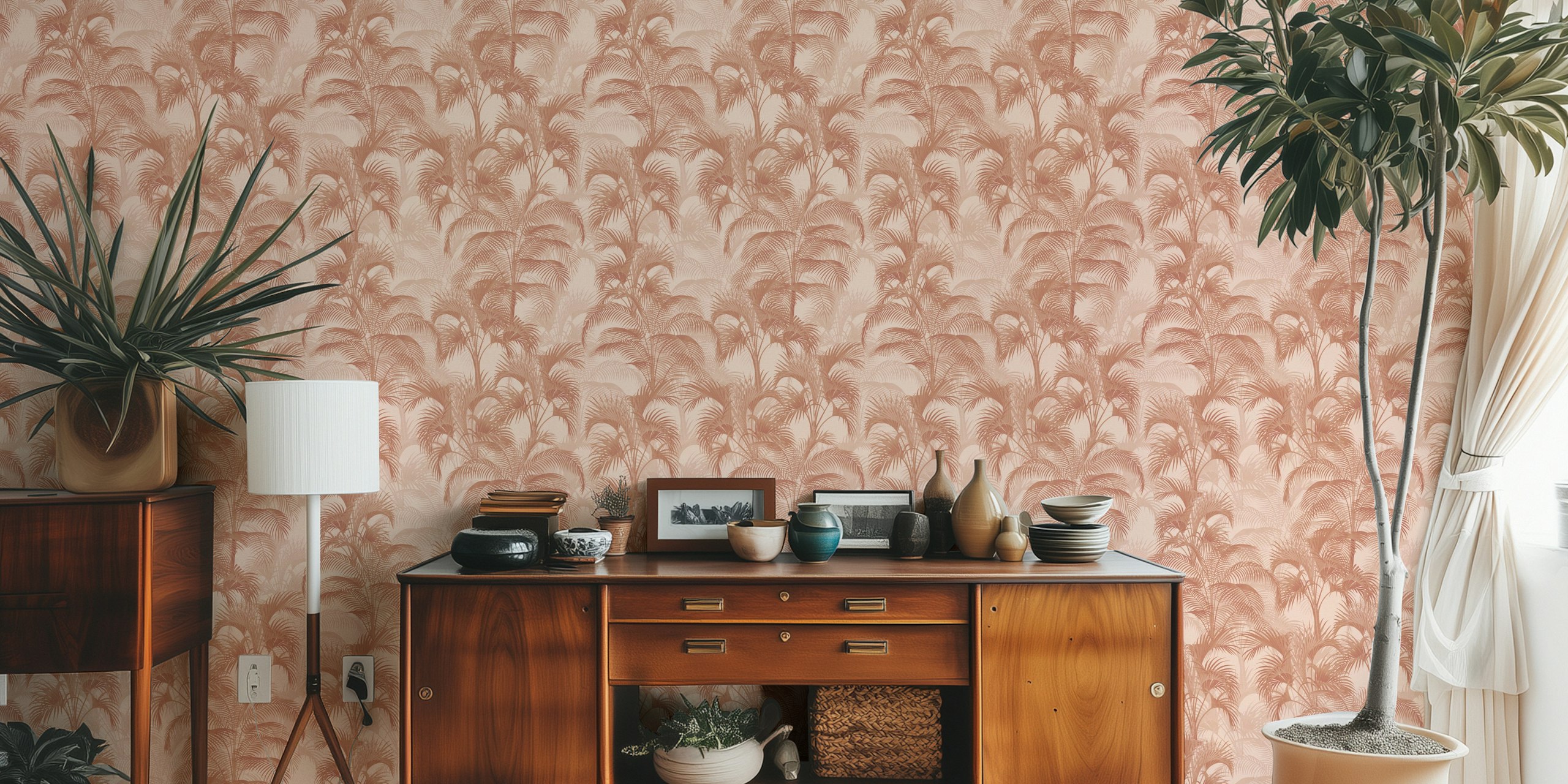 Tropical palm leaves in terracotta tones wallpaper