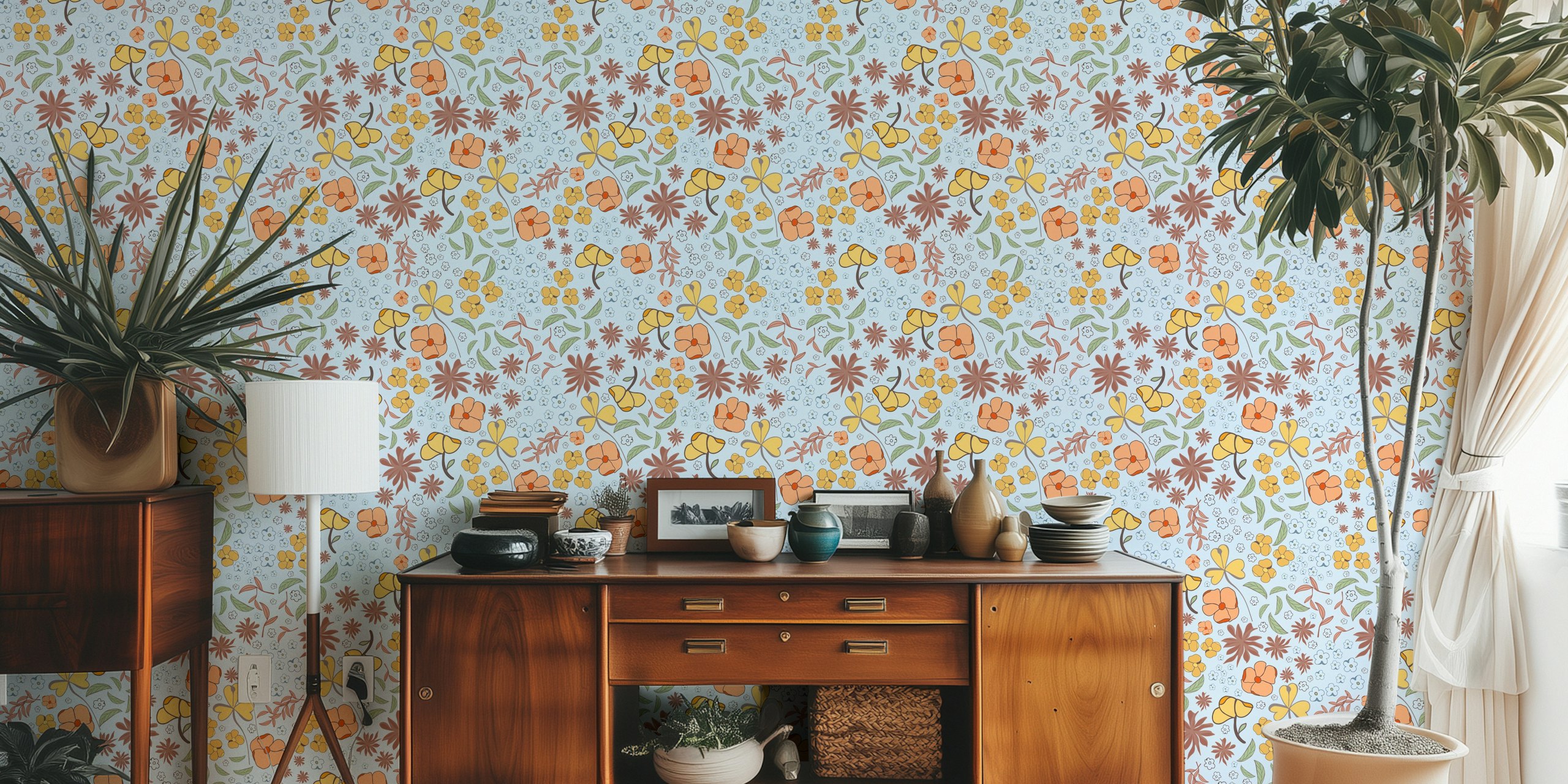 Ditsy 6 papel de parede floral em um quarto