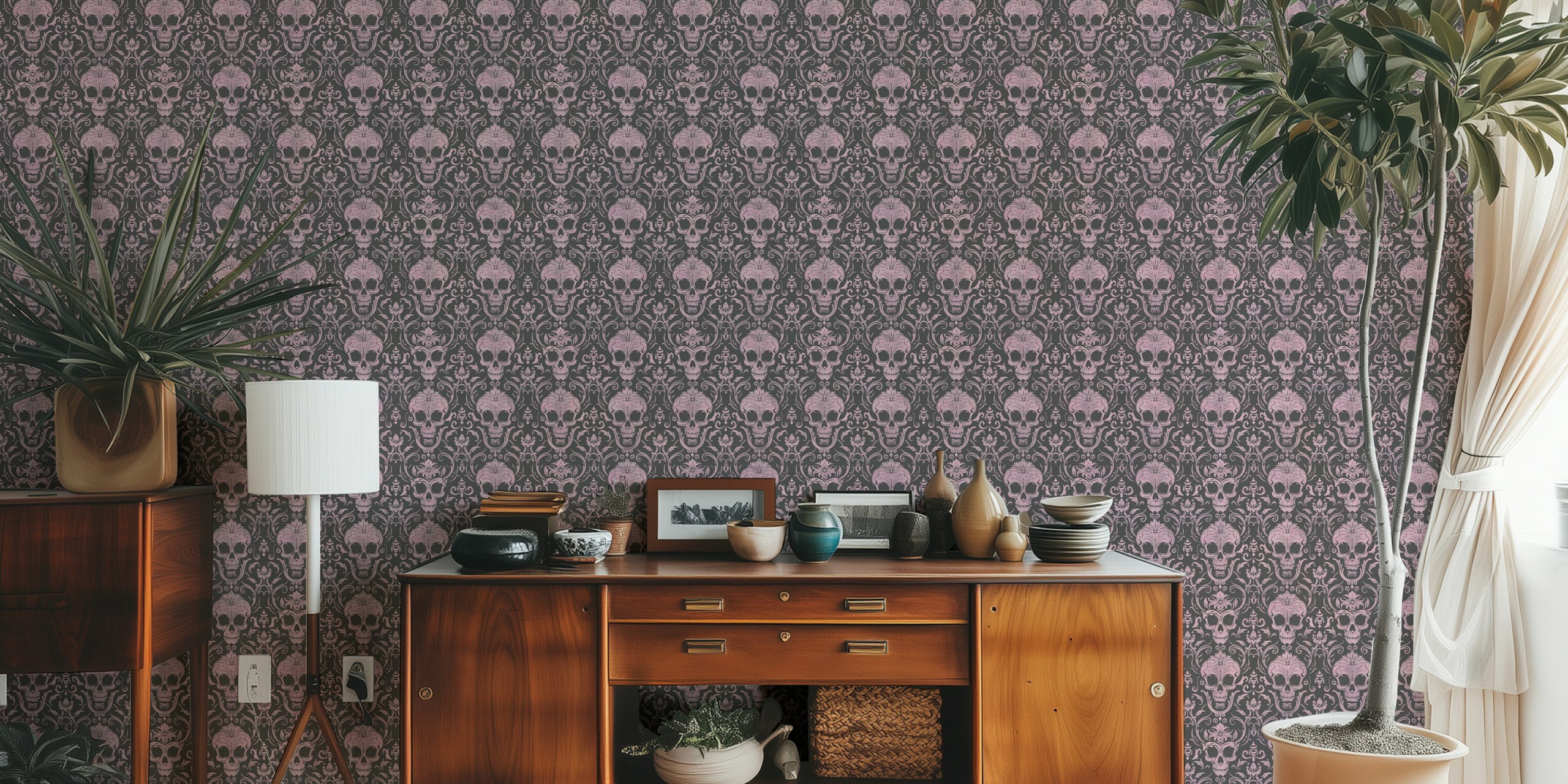 Gothic skull damask pattern in pastel pink and dark shades wallpaper