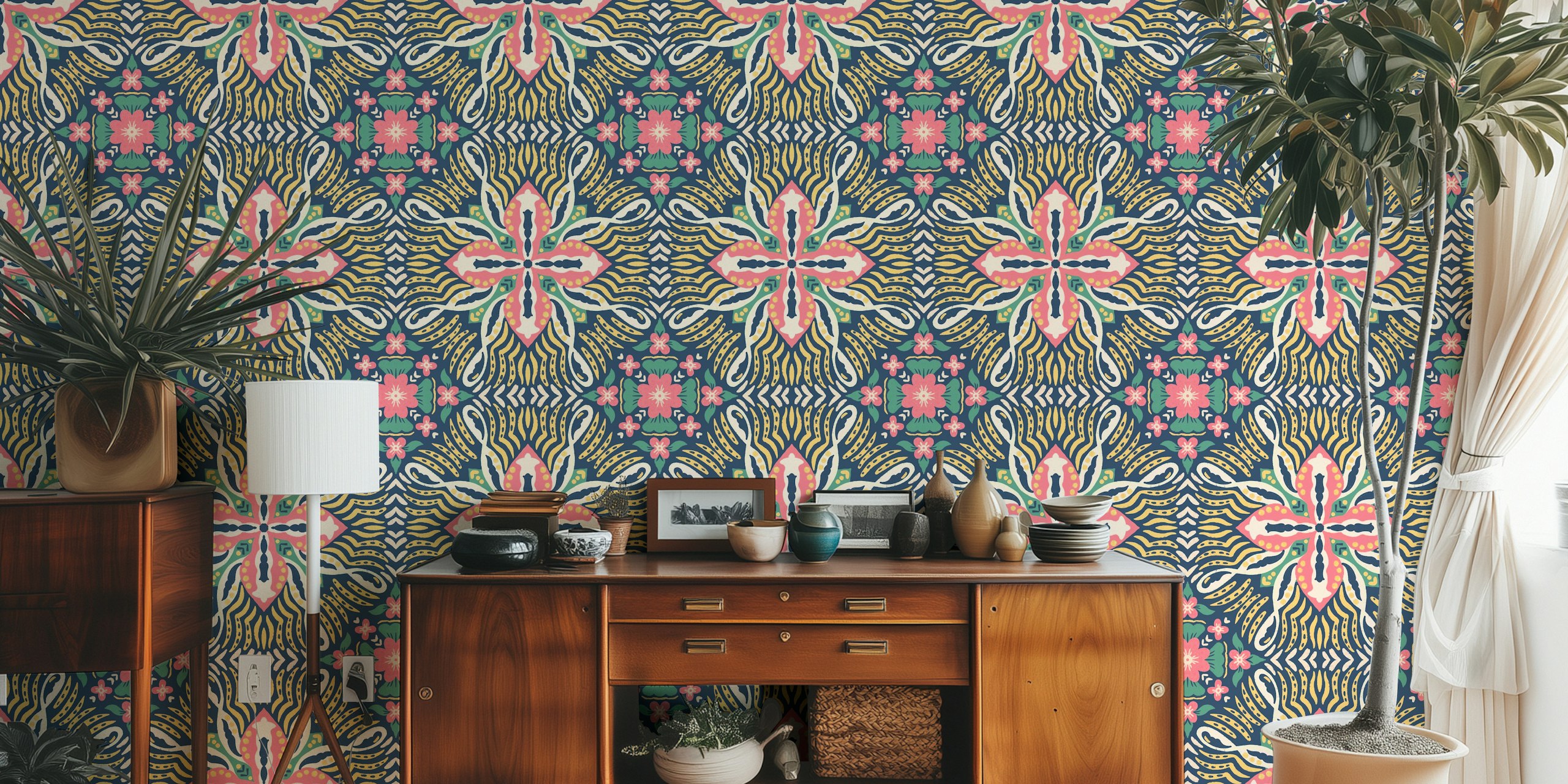 Colorful floral pattern wallpaper with pink, green, and yellow hues