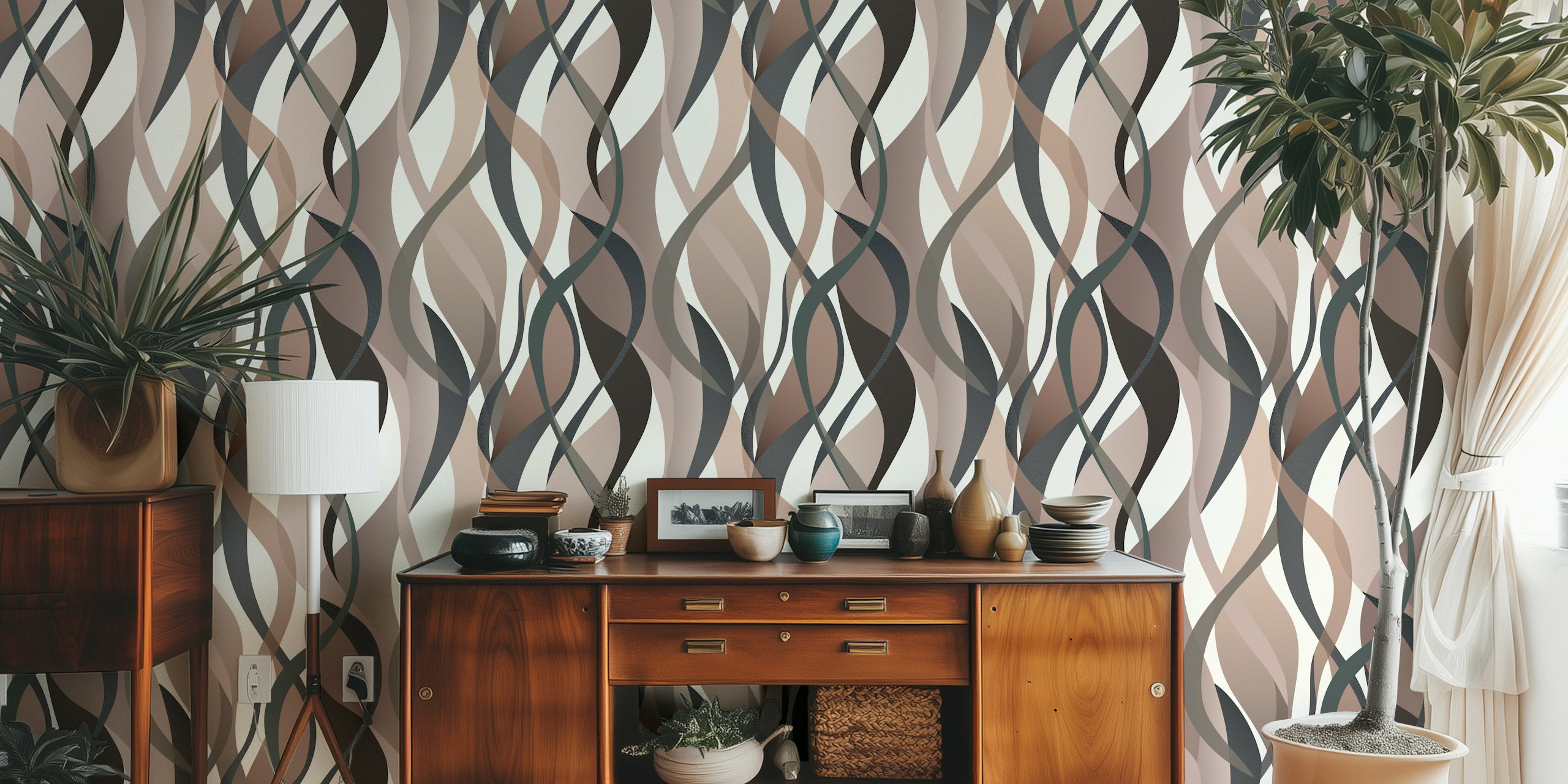 Abstract curves wall mural in beige, taupe, and brown