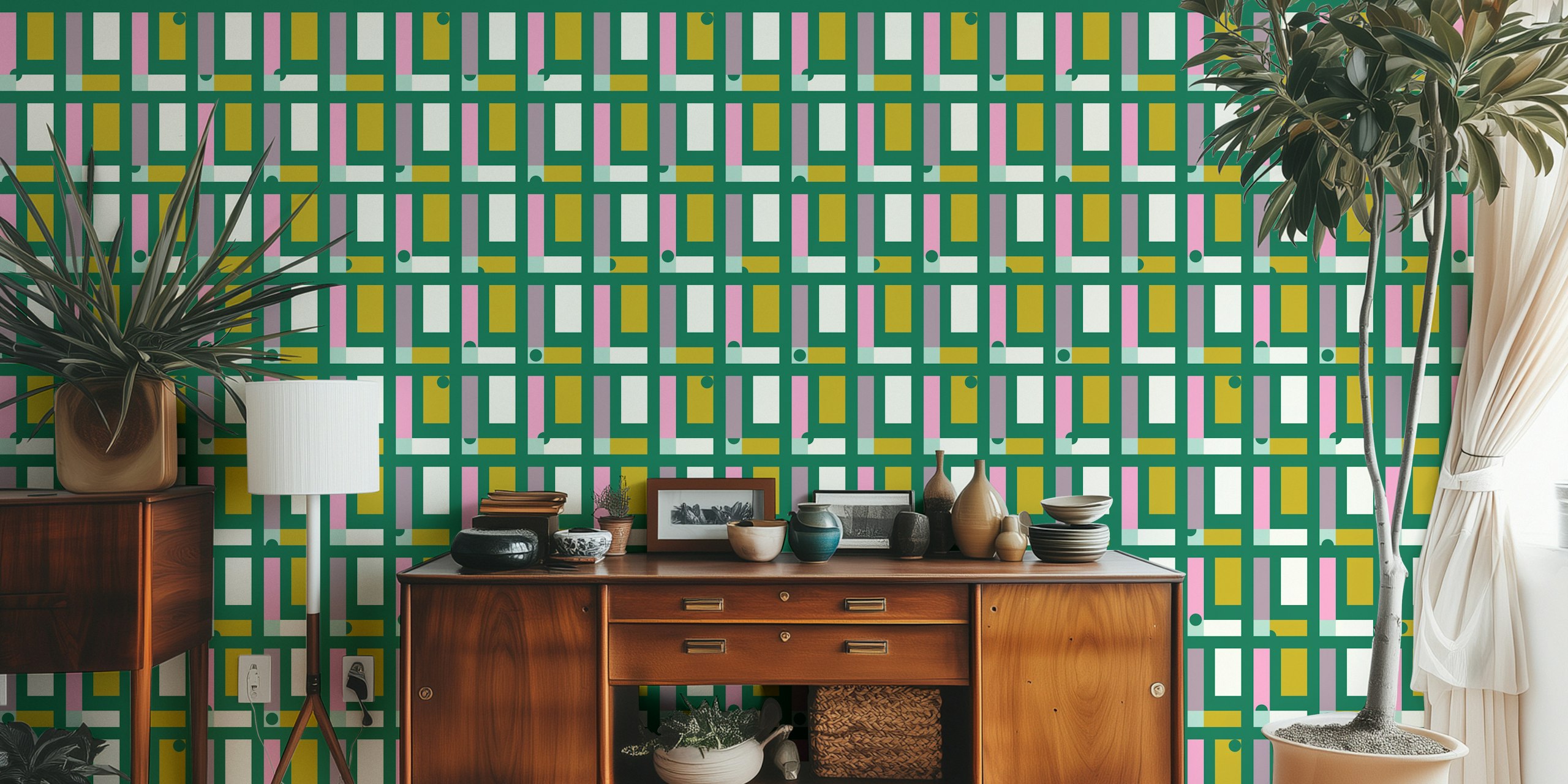 Happy retro checks tapetti huoneessa