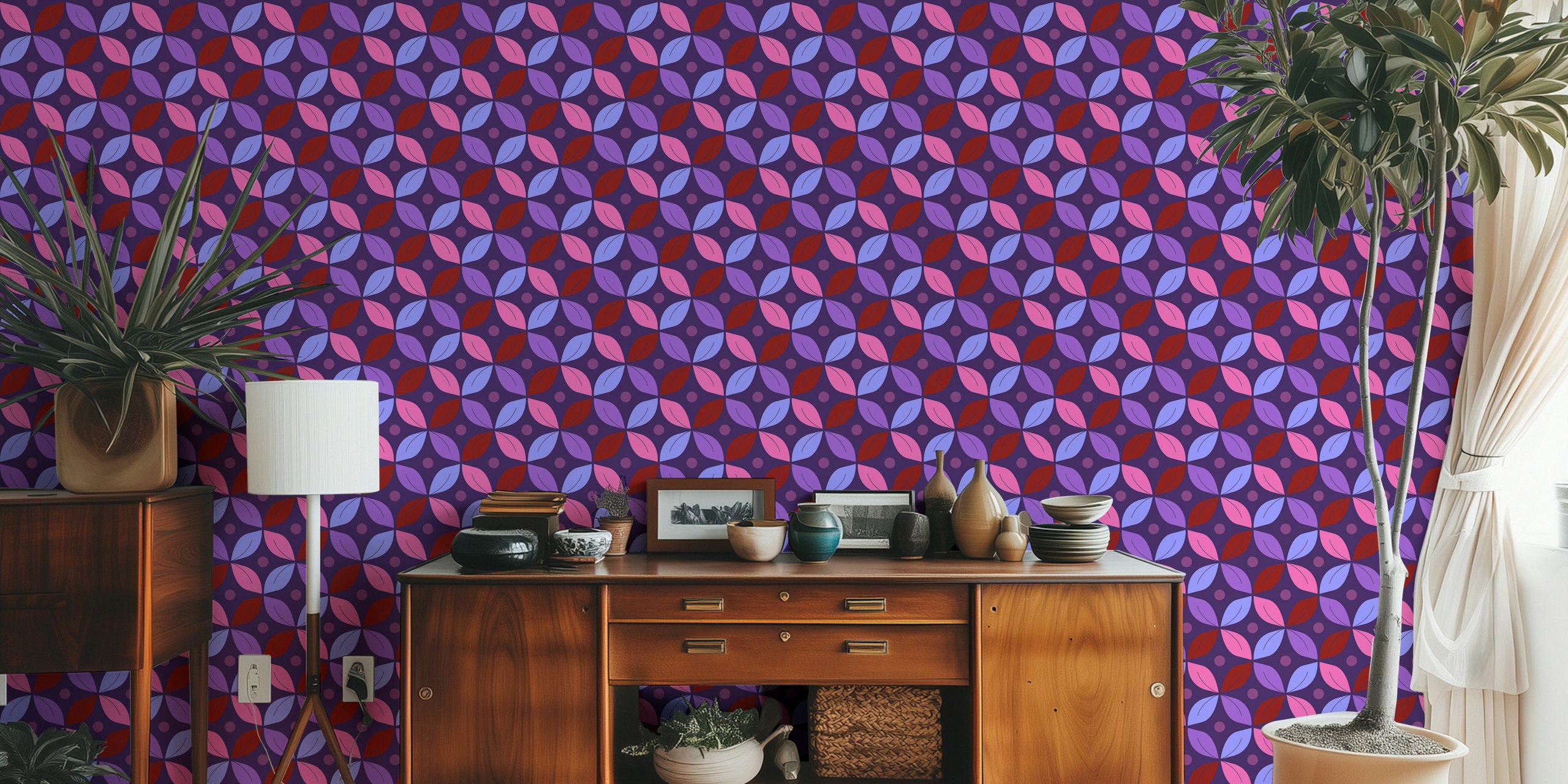 Retro circles pattern in dark pink, purple, and fuchsia wallpaper