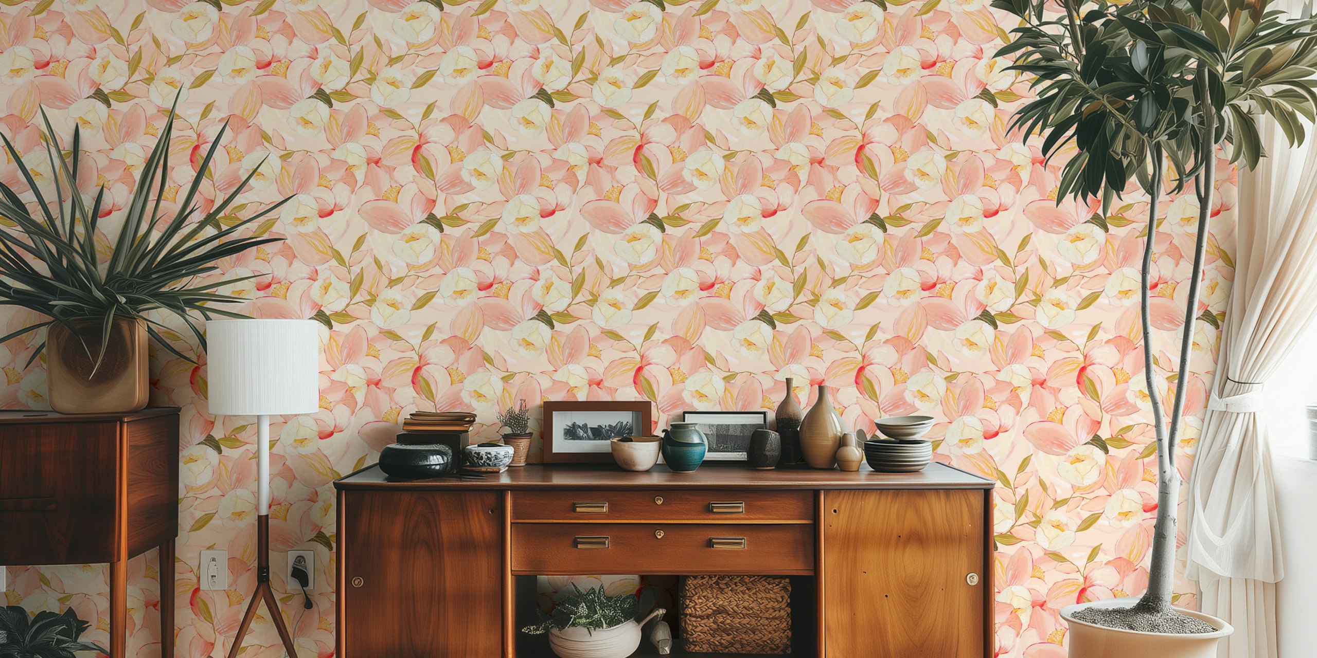 Blush pink flower wallpaper with white petals and green leaves