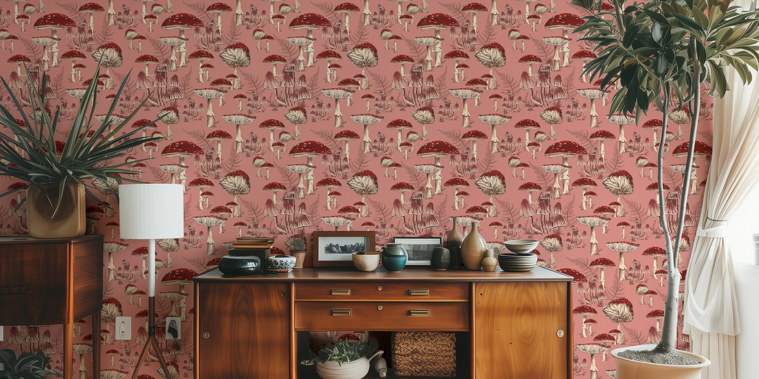 Red mushrooms with beige details and ferns wallpaper
