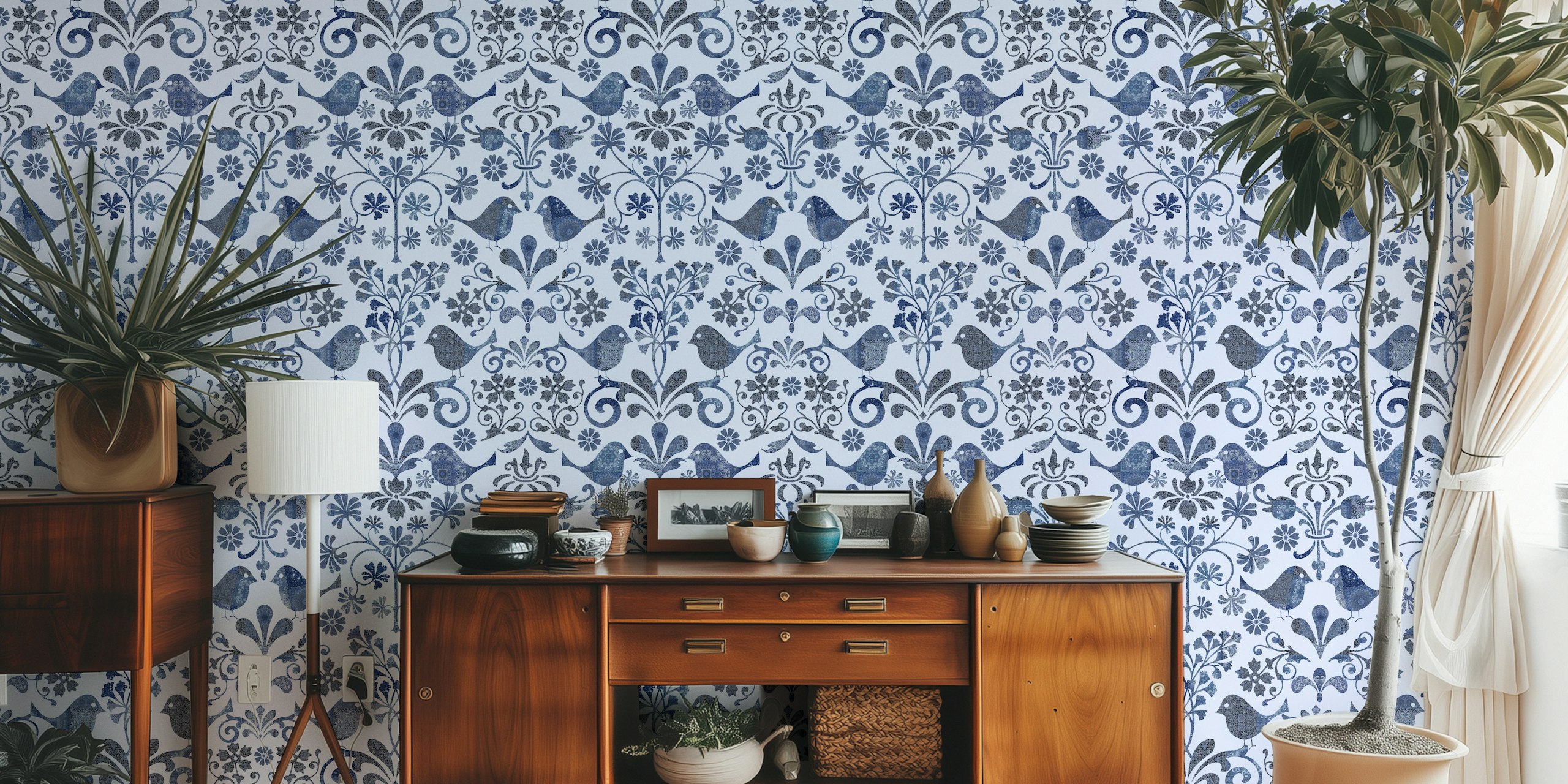 Scandinavian-style wall mural with birds and floral patterns in blue hues
