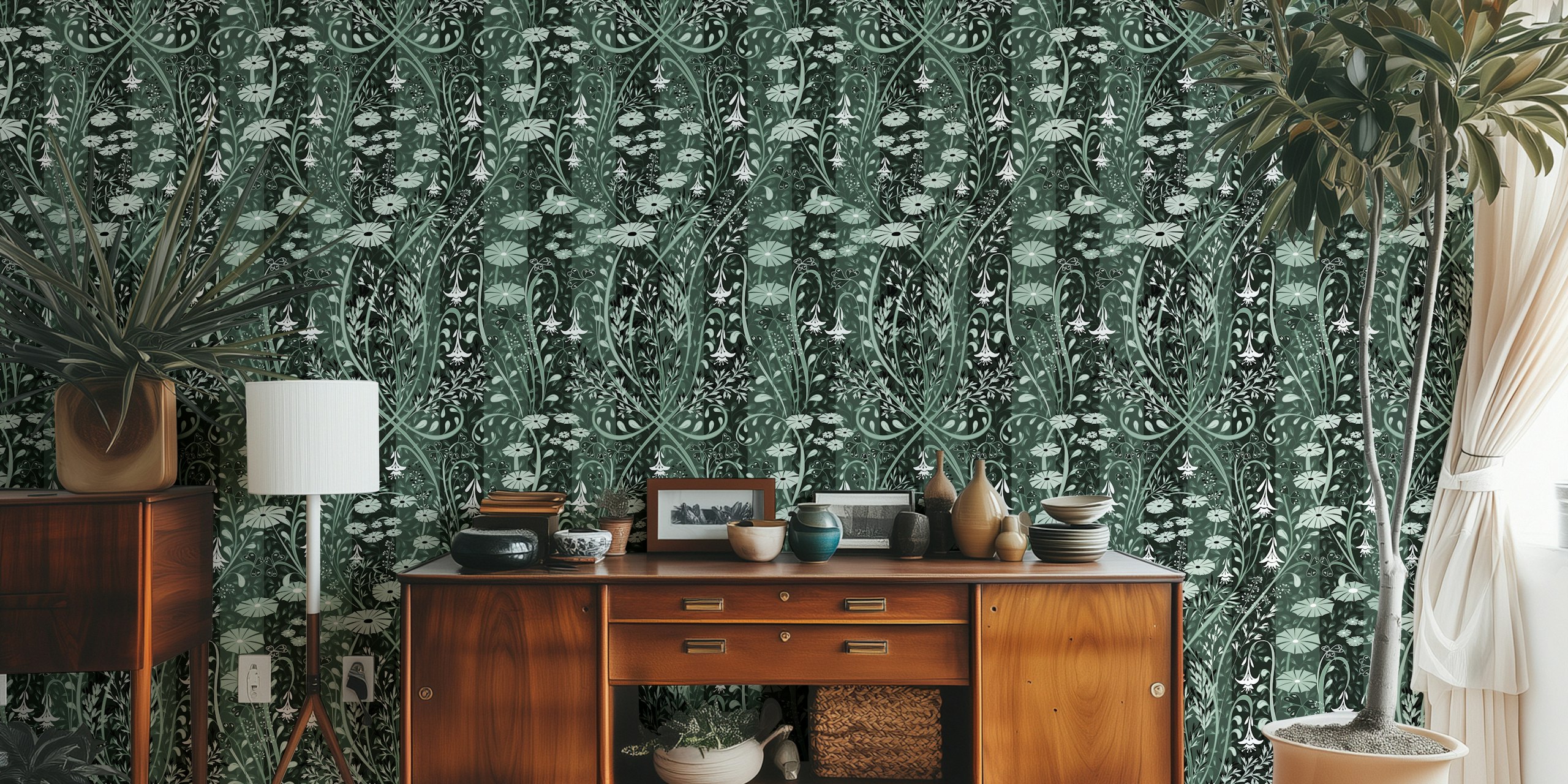 Emerald green floral wallpaper with delicate white flowers and intricate vine patterns