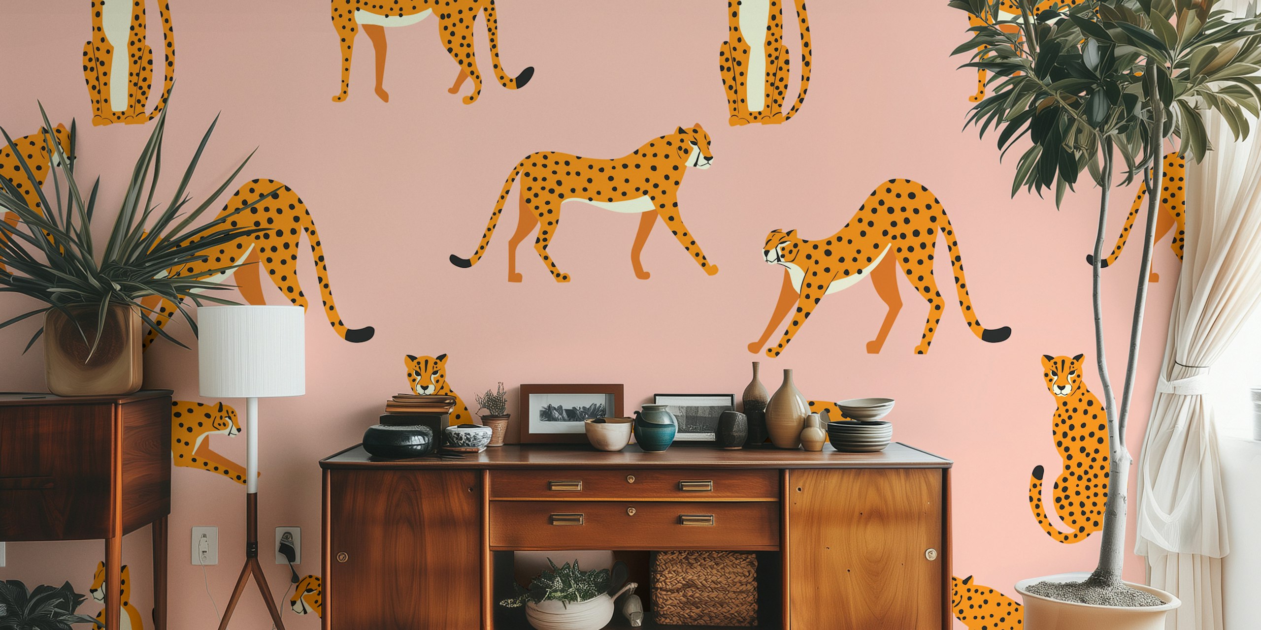 Cheetahs in various poses on pink background wallpaper