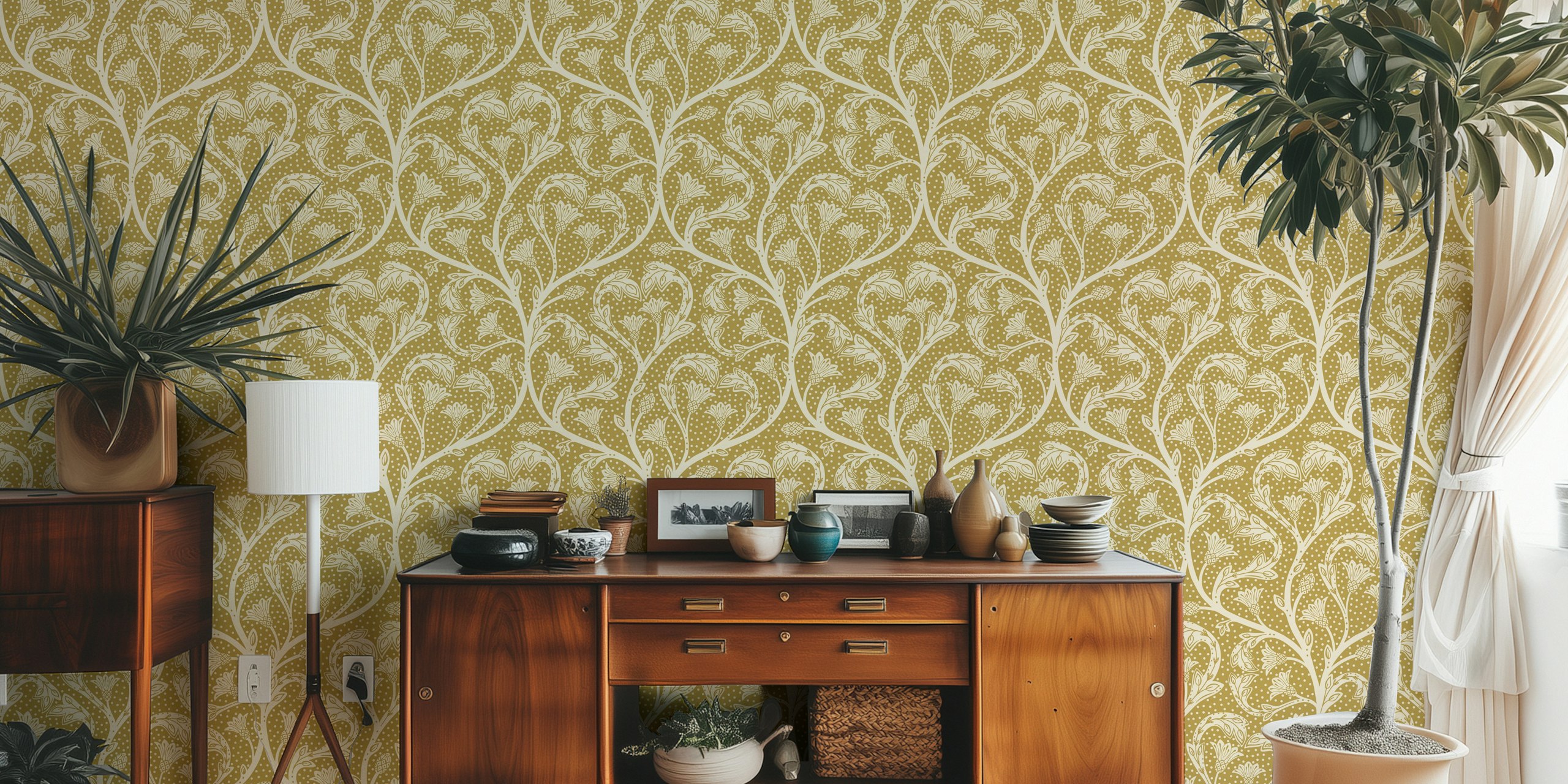 Floral pattern with dandelion motifs in gold and cream colors wallpaper