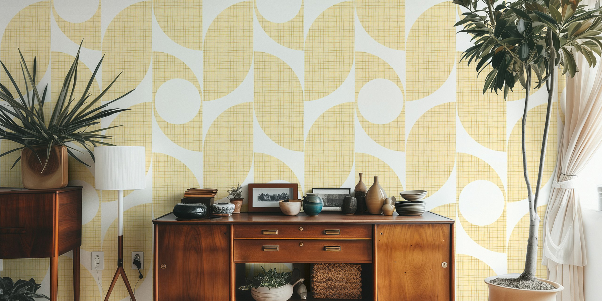 Abstract beige shapes on cream background mid century wallpaper