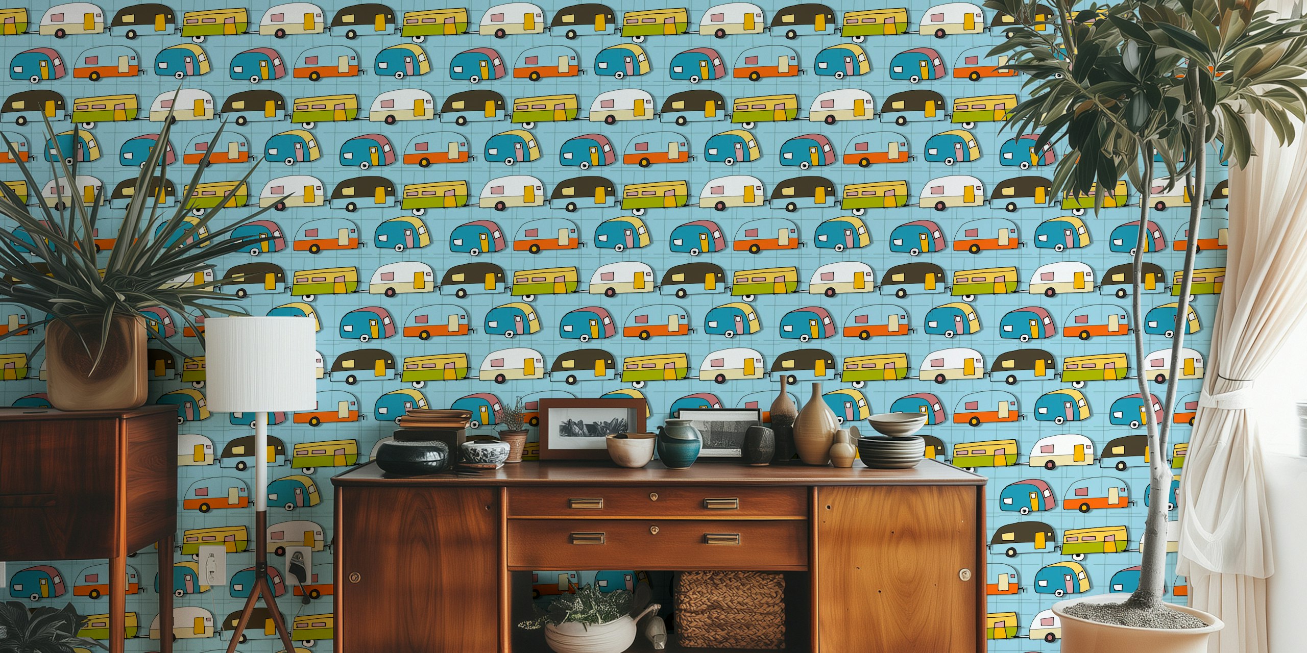 Colorful retro campers pattern on light blue wallpaper