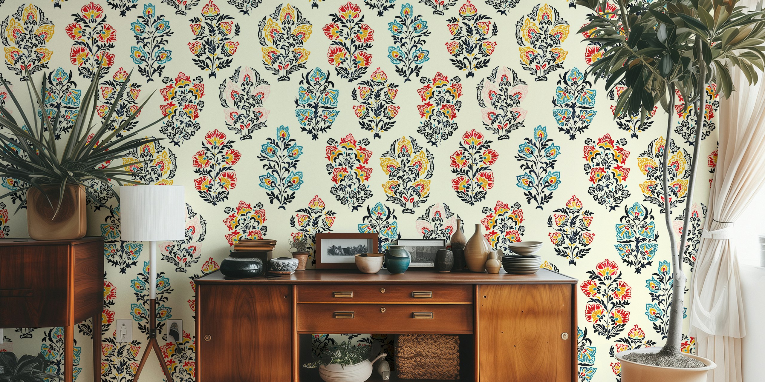 Colorful floral patterns in blue, pink, yellow on cream background wallpaper