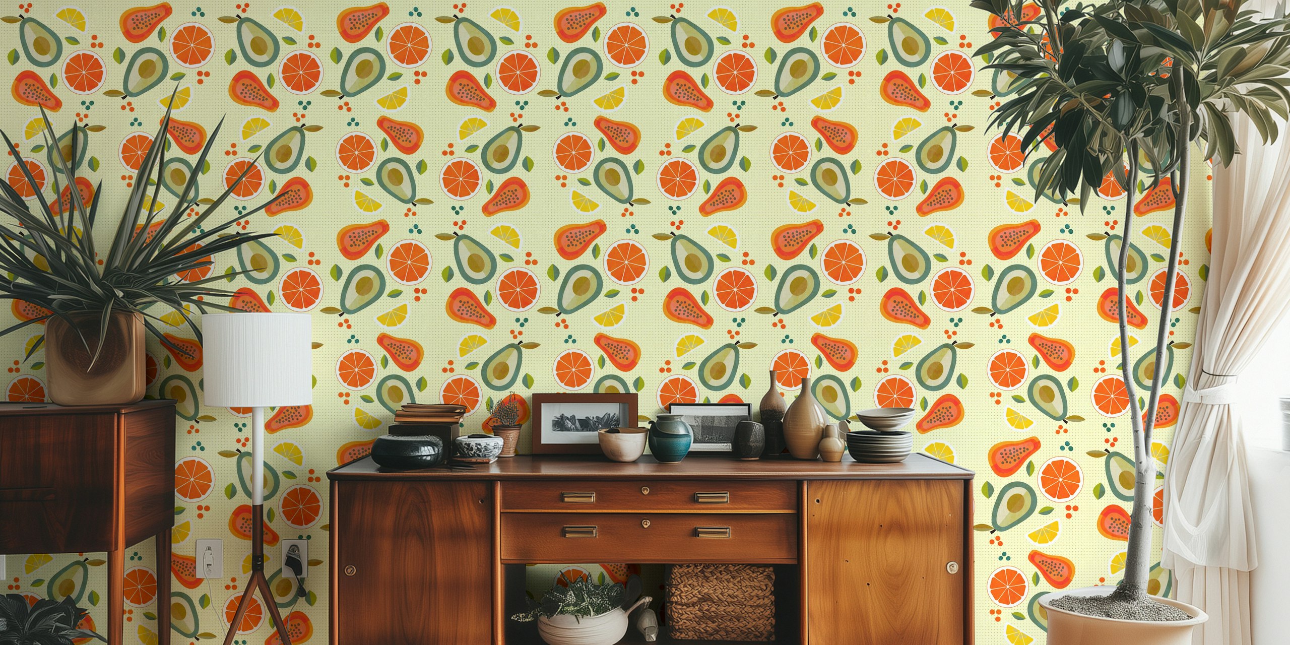 Mid-century summer fruits wallpaper in a room