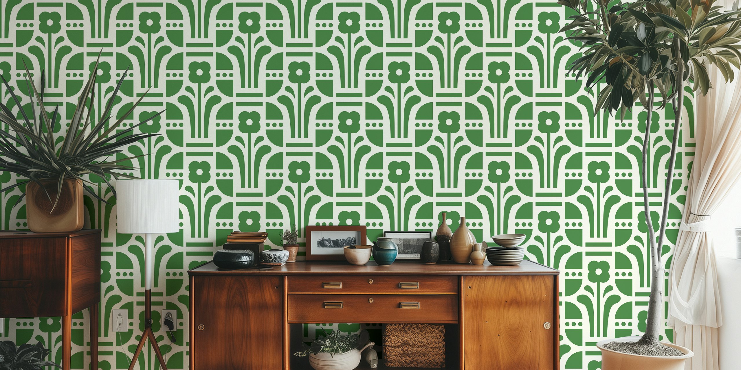 Geometric folk daisies green wallpaper displayed