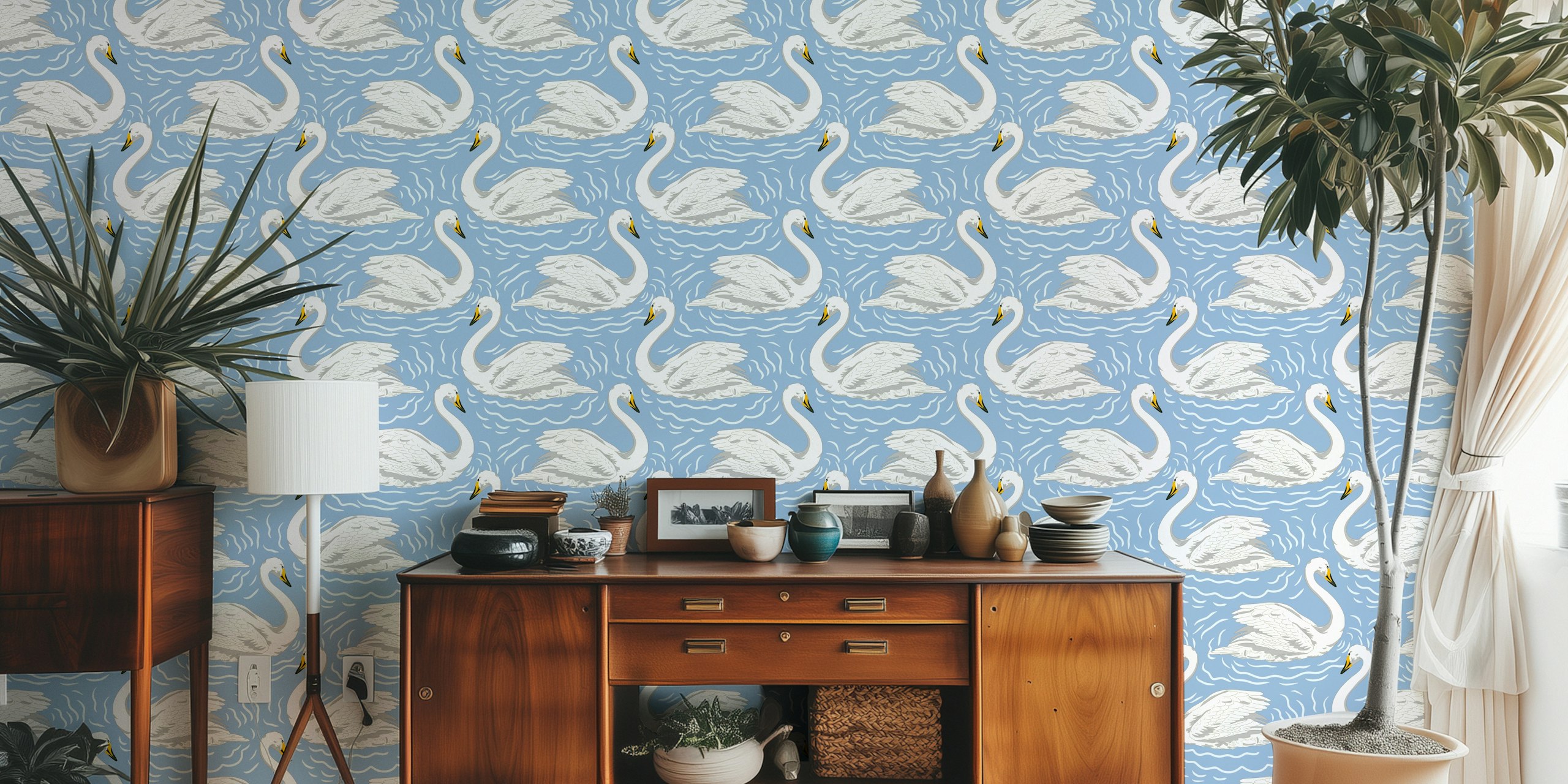 Swan lake design with white swans on powder blue background wallpaper