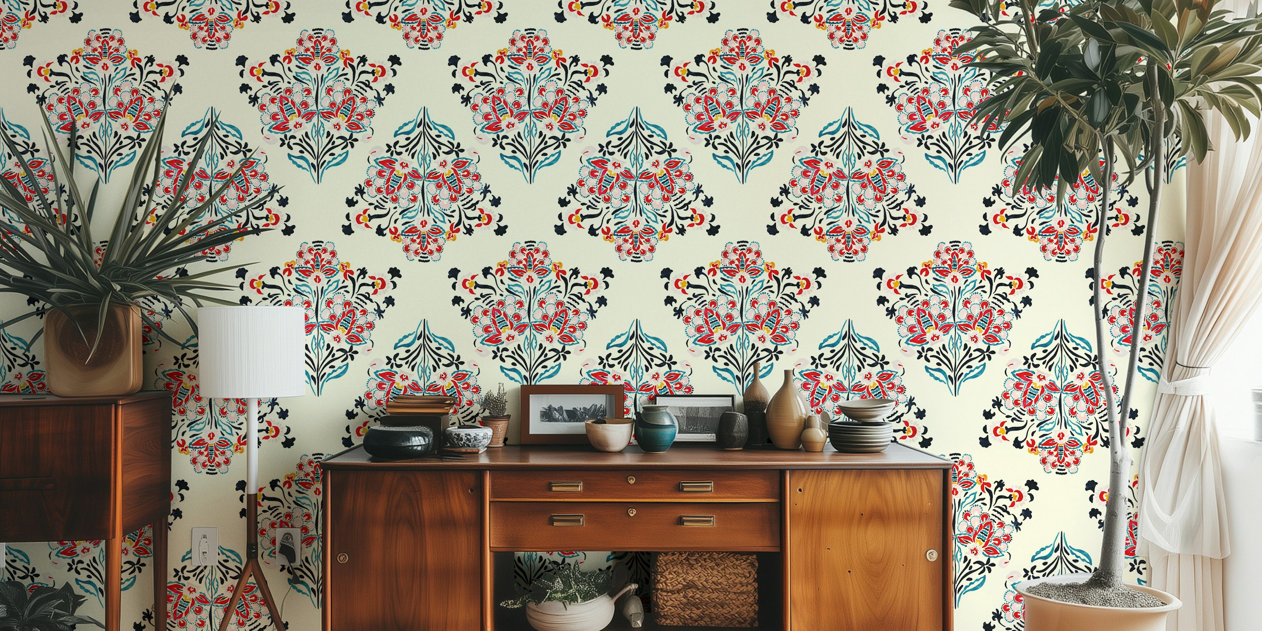 Persian Bloom Suzani wall mural featuring traditional floral patterns and vibrant colors