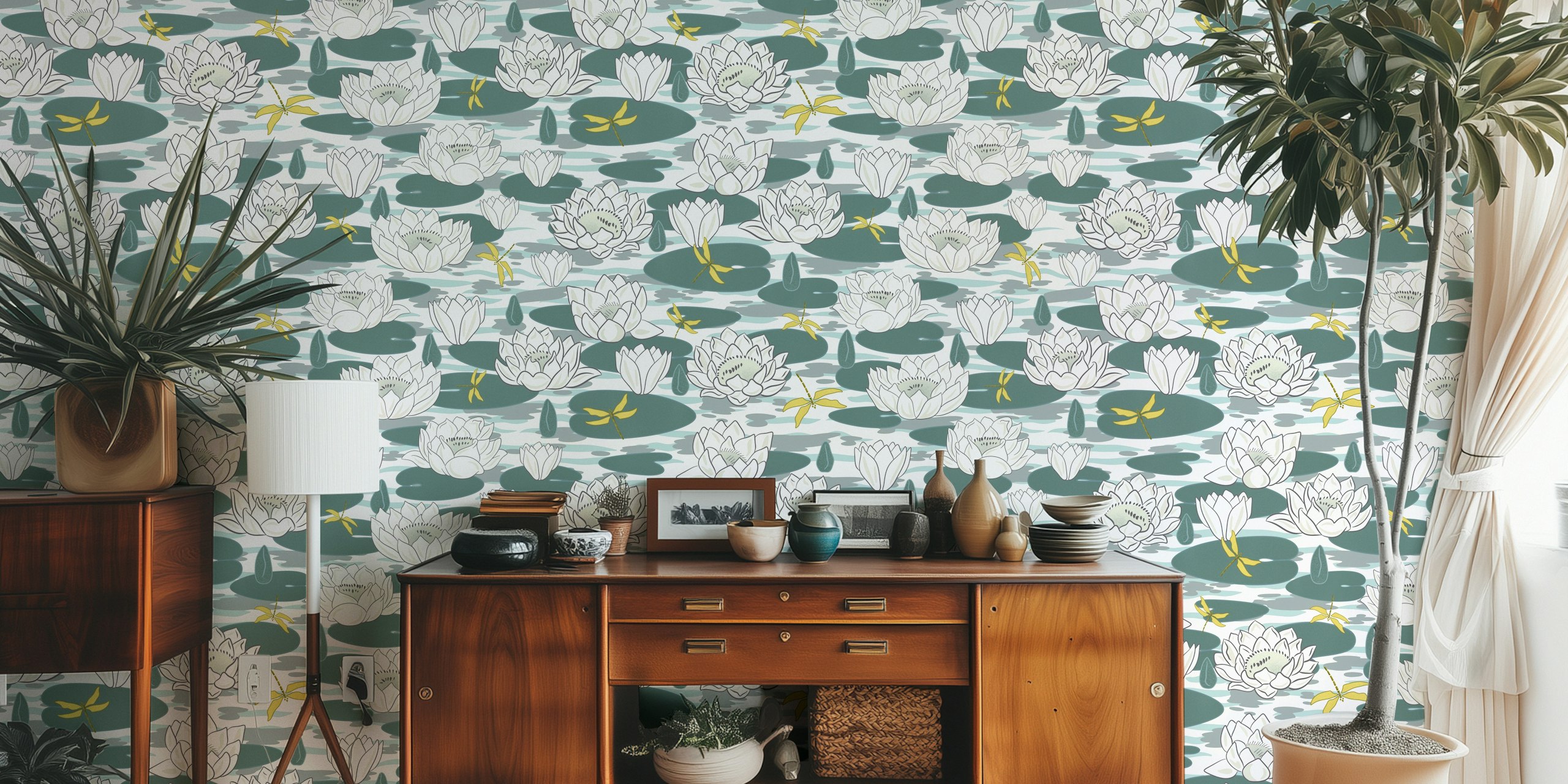 Water lily flowers in various sizes, soft green and white colors, floral wallpaper